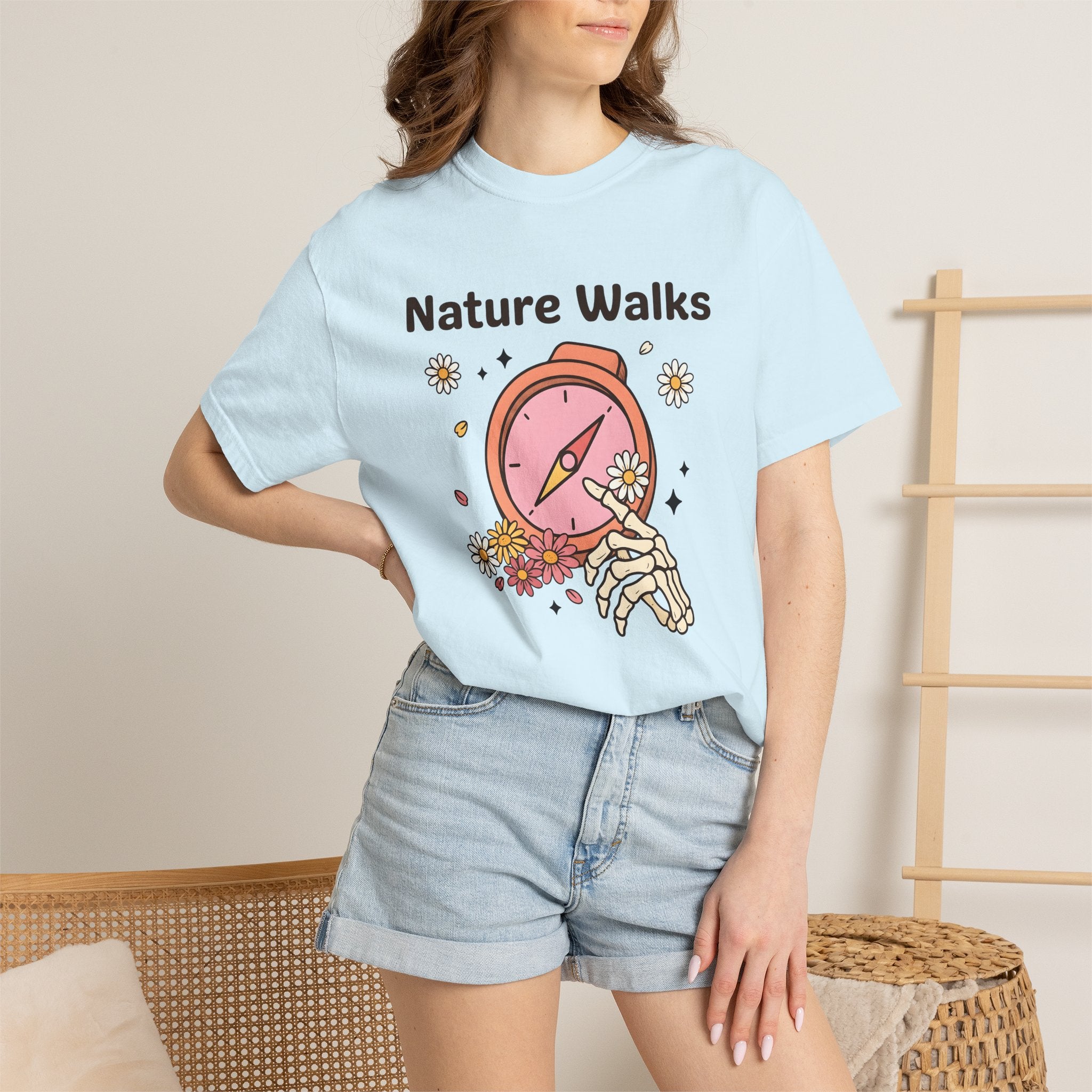 Compass Skeleton Hand Shirt Hiking Floral Gift Women Cartoon Tee Navigation T-Shirt Trekker Enthusiast Illustration Graphic Retro Daisies