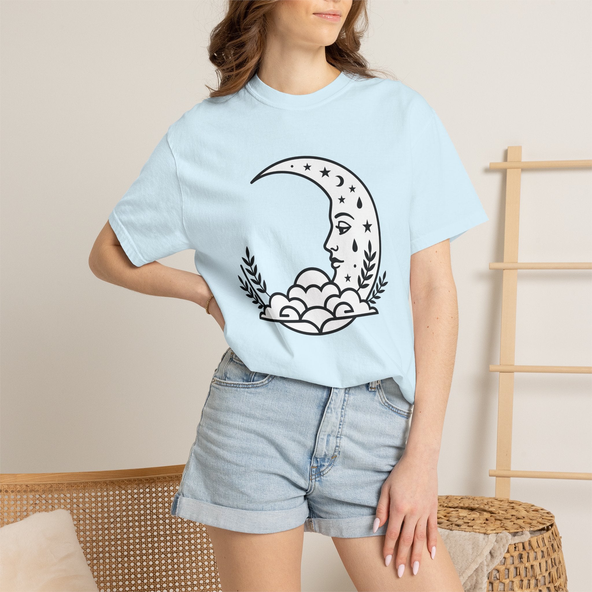 Lunar Face Shirt Boho Chic Space Gift Women Doodle Tee Moon T-Shirt Bohemian Fan Hand Drawn Tshirt Galaxy Graphic Modern Twinkling Stars