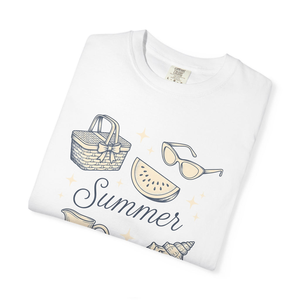 Summer Signs Shirt Summer Getaway Gift Women Hand Drawn Tee Seasonal T-Shirt Summer Fan Illustrated Tshirt Vacation Graphic Cartoon Picnic