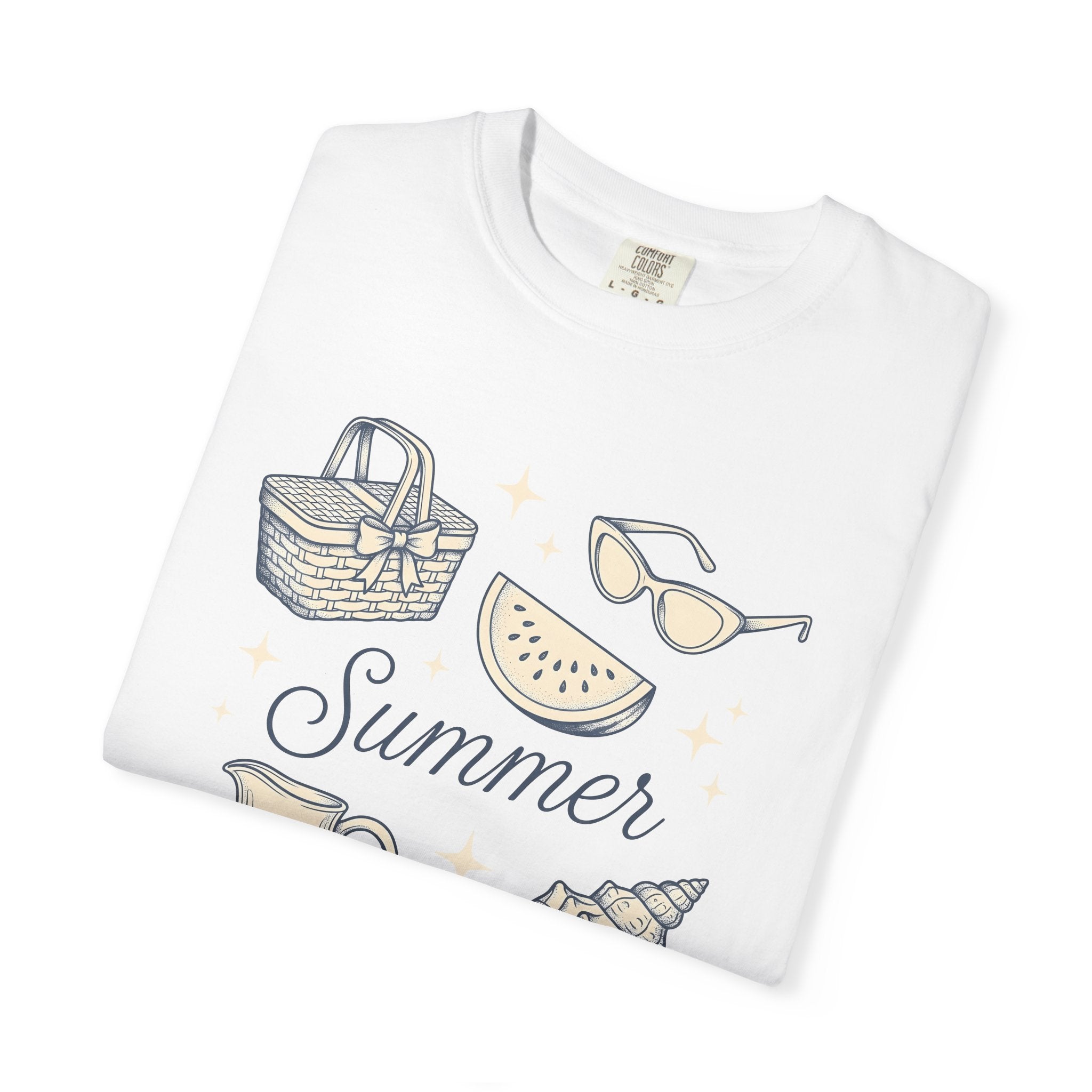 Summer Signs Shirt Summer Getaway Gift Women Hand Drawn Tee Seasonal T-Shirt Summer Fan Illustrated Tshirt Vacation Graphic Cartoon Picnic