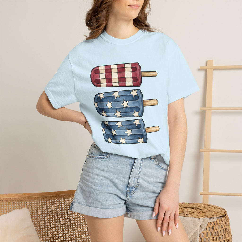 Patriotic Popsicles Shirt 4th Of July Summer Gift Women Watercolor Tee Ice Pops T-Shirt Independence Day Fan Popsicle Graphic Summer Design