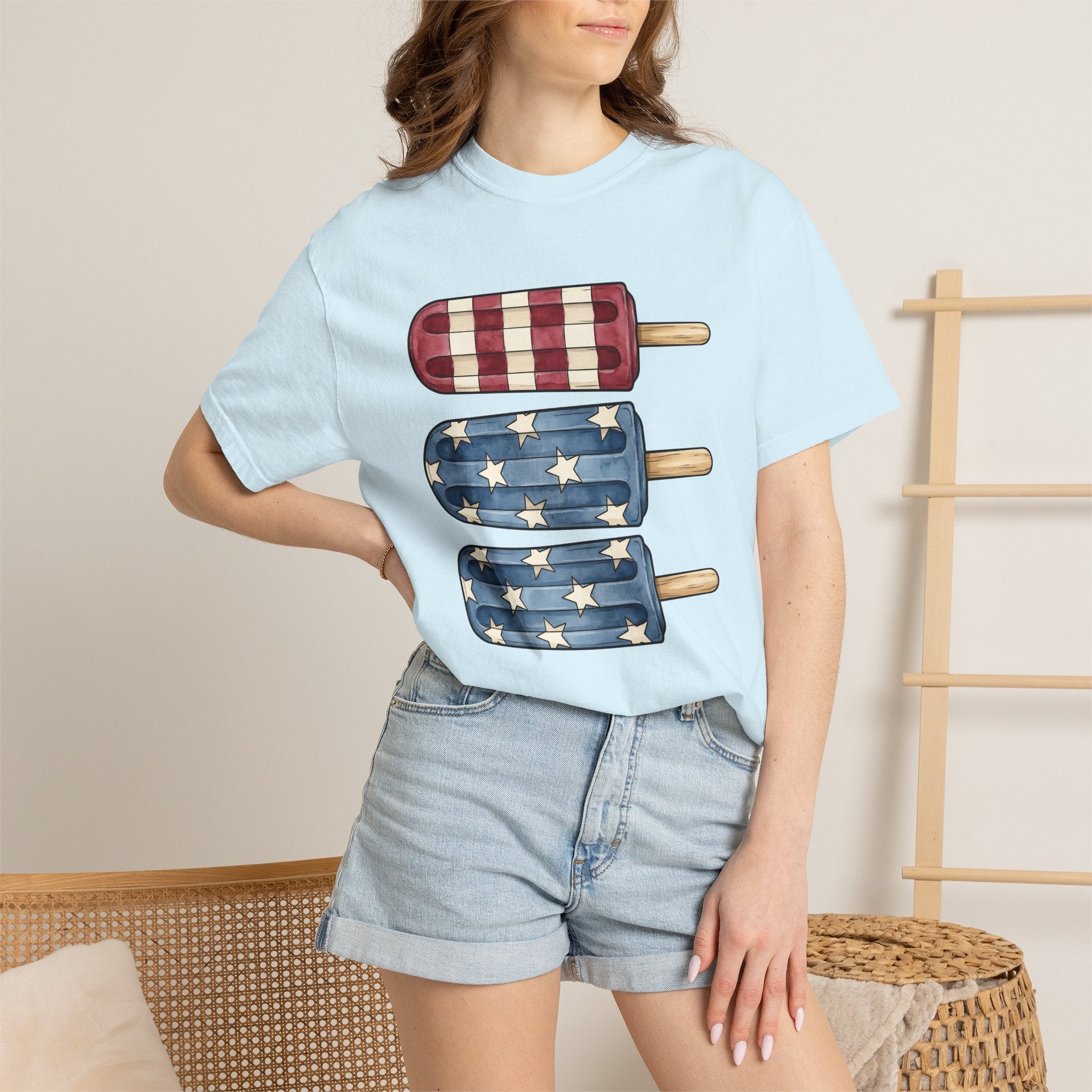 Patriotic Popsicles Shirt 4th Of July Summer Gift Women Watercolor Tee Ice Pops T-Shirt Independence Day Fan Popsicle Graphic Summer Design