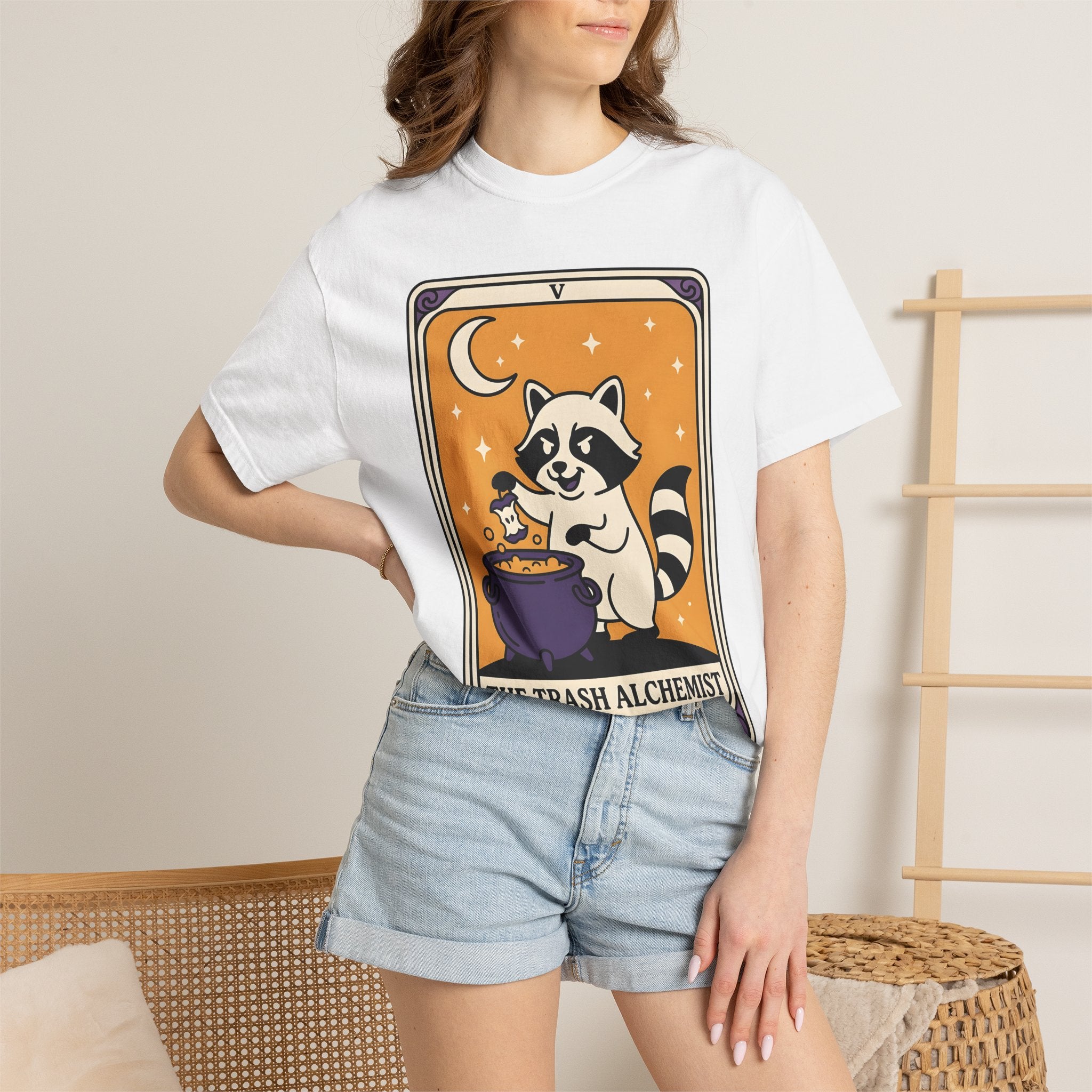 Raccoon Cauldron Shirt Boho Chic Critters Gift Women Sketch Tee Witch Cauldron T-Shirt Bohemian Fan Witchy Tshirt Creature Graphic Old
