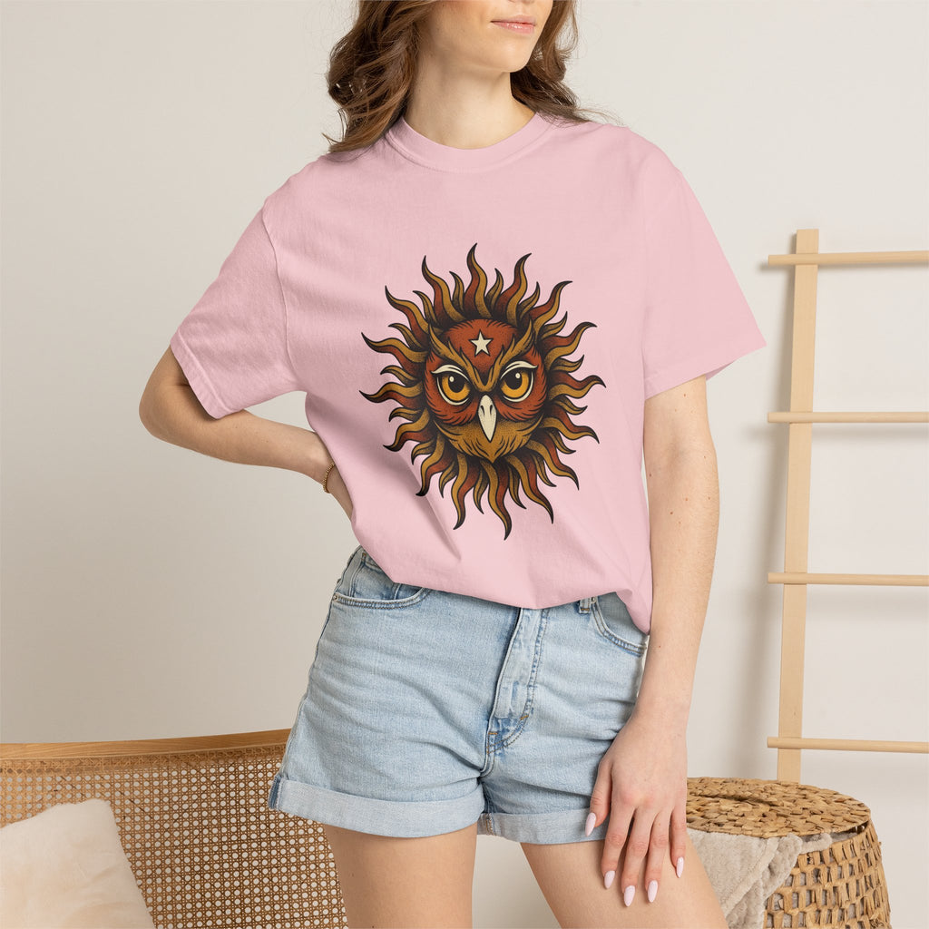 Owl Sun Shirt Owl Bohemian Gift Women Line Art Tee Hoot T-Shirt Owl Fan Minimalist Tshirt Hippie Graphic Hand Drawn Star Tshirt