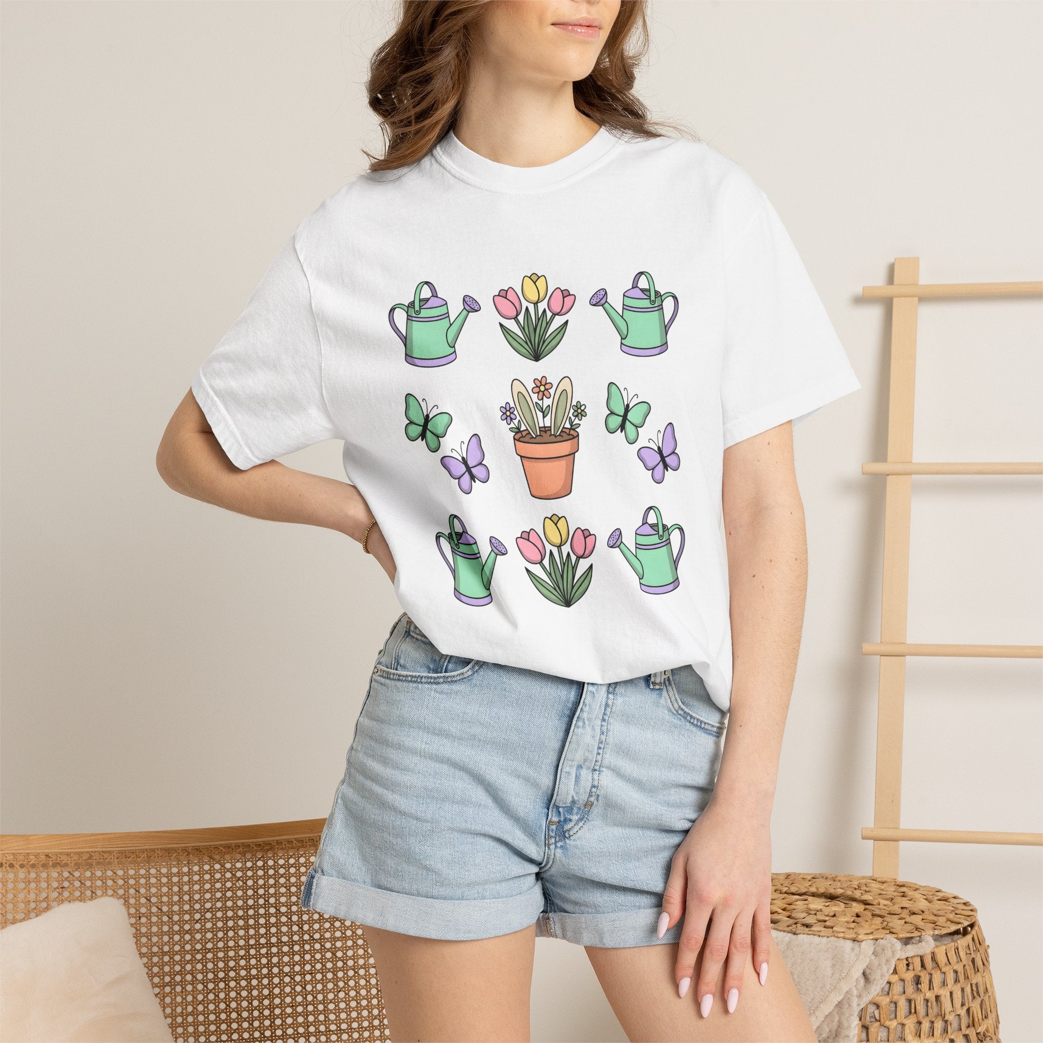 Rabbit Ears Pot Shirt Easter Plants Gift Women Adorable Tee Flowerpot T-Shirt Easter Fan Floral Tshirt Cute Illustration Soft Colors Flower