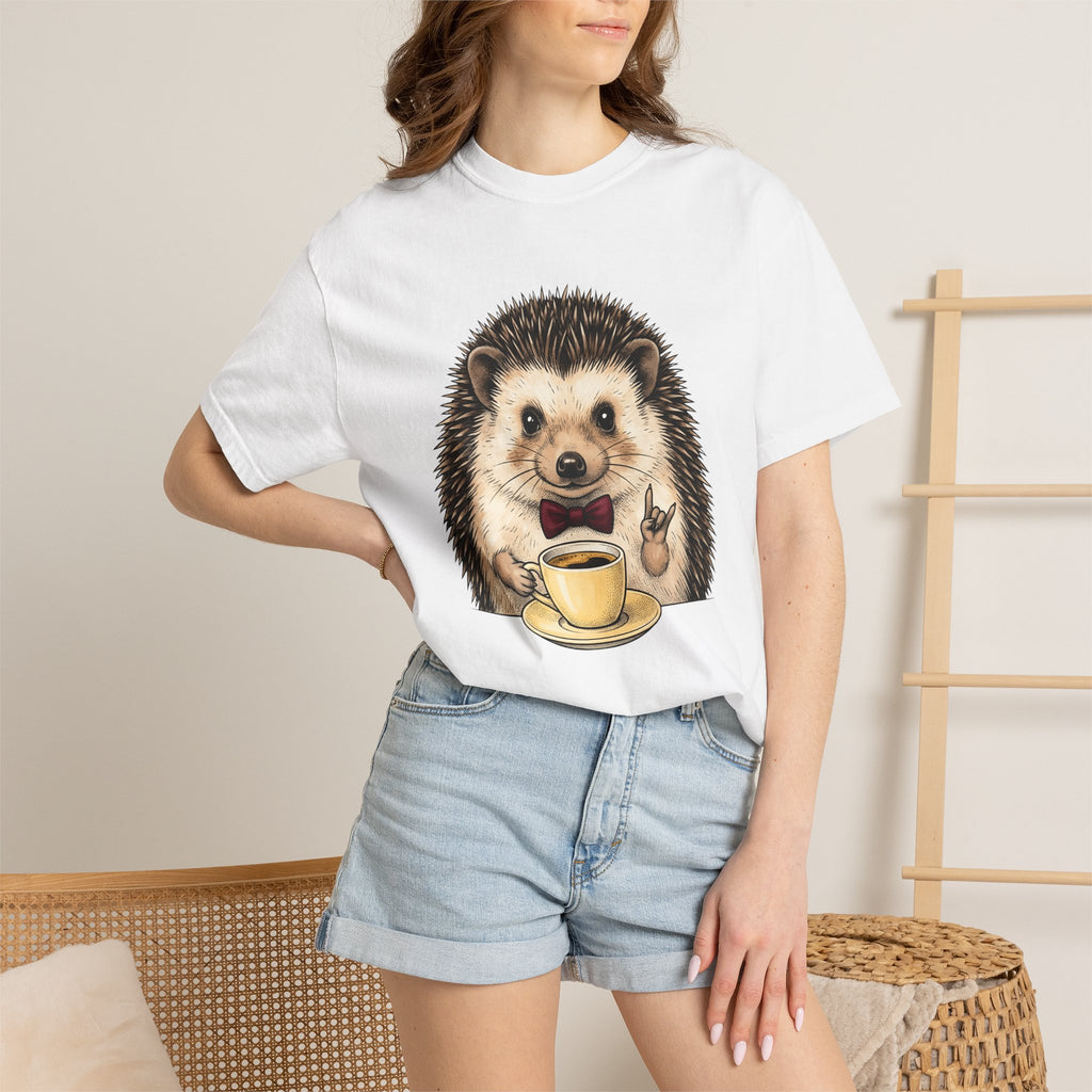 Hedgehog Coffee Shirt Coffee Animal Gift Women Hand Drawn Tee Coffee T-Shirt Coffee Fan Illustrated Graphic Creature Design Vintage Bow Tie