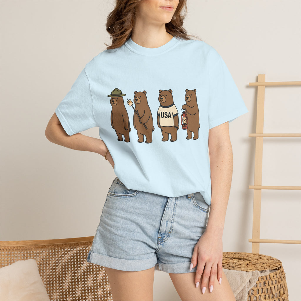 Camping Bears Shirt America Camping Gift Women Cartoon Tee Bear T-Shirt American Fan Cartoon Tshirt Outdoor Graphic Camping Illustration