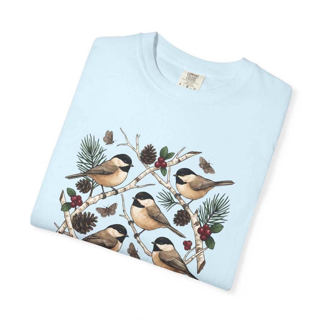 Chickadee Bird Shirt Animals & Flowers Outdoors Gift Women Herbaceous Tee Titmouse T-Shirt Wildlife Enthusiast Botanical Tshirt Nature