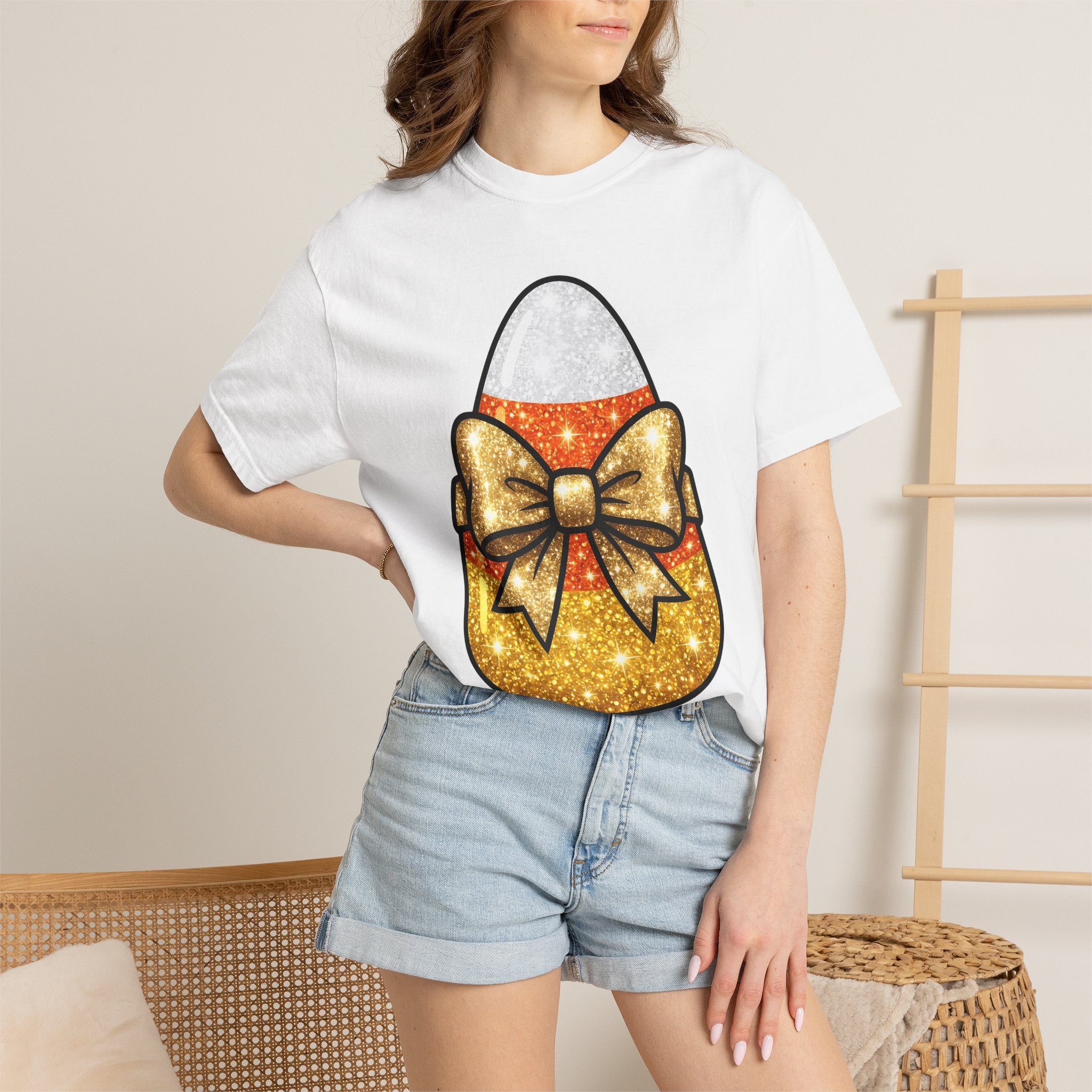 Candy Corn Shirt Halloween Treats Gift Women Shimmer Tee Triangular Candy T-Shirt Spooky Fan Glittery Tshirt Dessert Graphic Adorable Knot