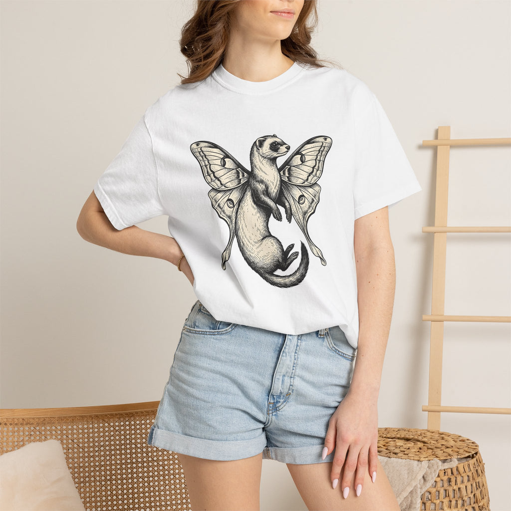 Ferret Sprite Shirt Boho Chic Wildlife Gift Women Sketch Tee Weasel T-Shirt Hippie Fan Hand Drawn Tshirt Wildlife Graphic Retro Insect Wings