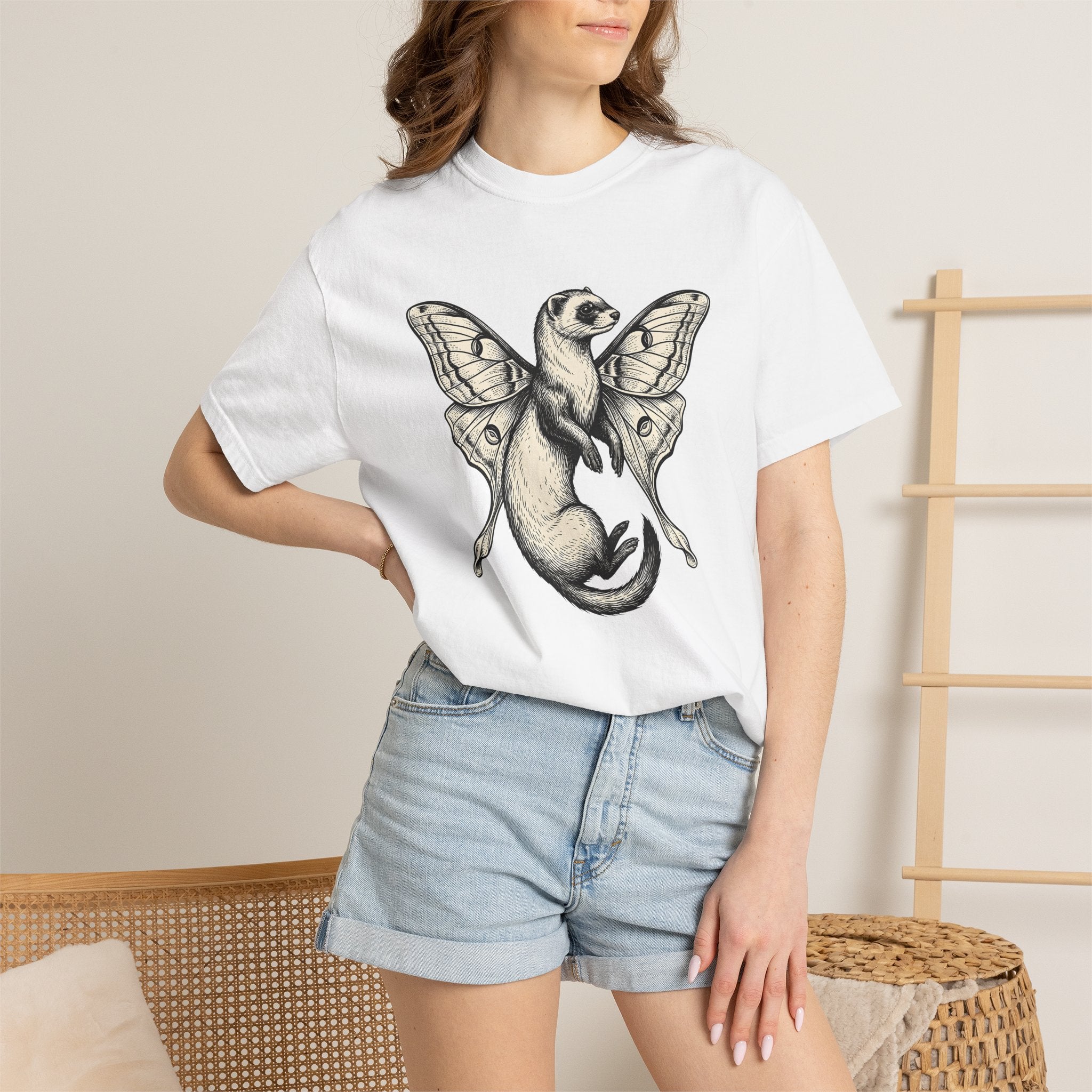 Ferret Sprite Shirt Boho Chic Wildlife Gift Women Sketch Tee Weasel T-Shirt Hippie Fan Hand Drawn Tshirt Wildlife Graphic Retro Insect Wings