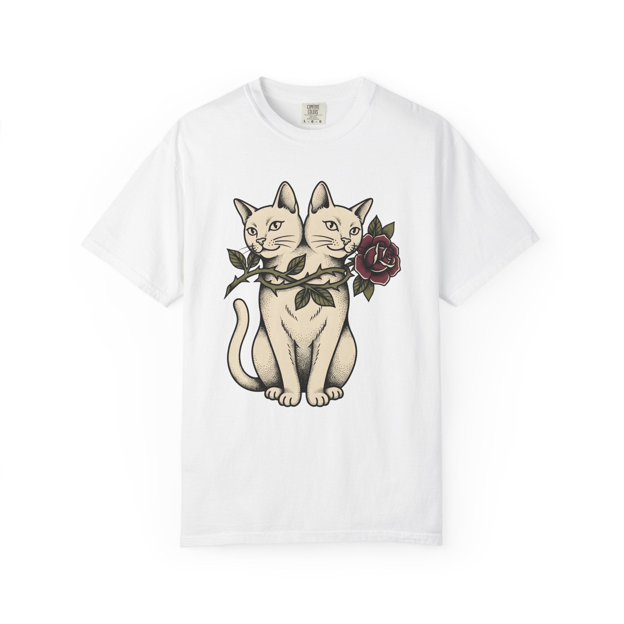 Dual-Headed Feline Shirt Cat Flower Art Gift Women Illustrative Tattoo Tee Cat T-Shirt Cat Fan Tattooed Tshirt Floral Graphic Old School
