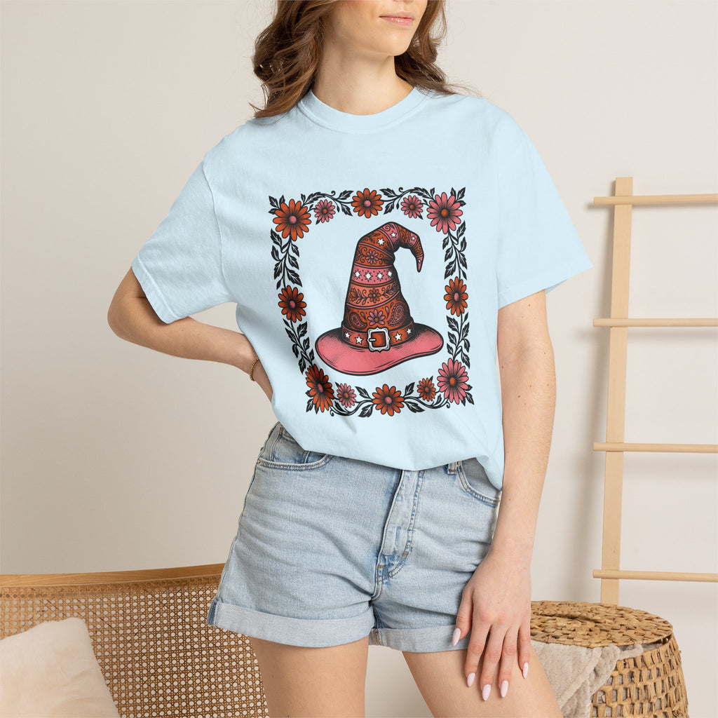 Magic Hat Shirt Halloween Bouquet Gift Women Line Art Tee Top Hat T-Shirt Spooky Fan Witch Hat Tshirt Floral Graphic Ink Drawing Petal