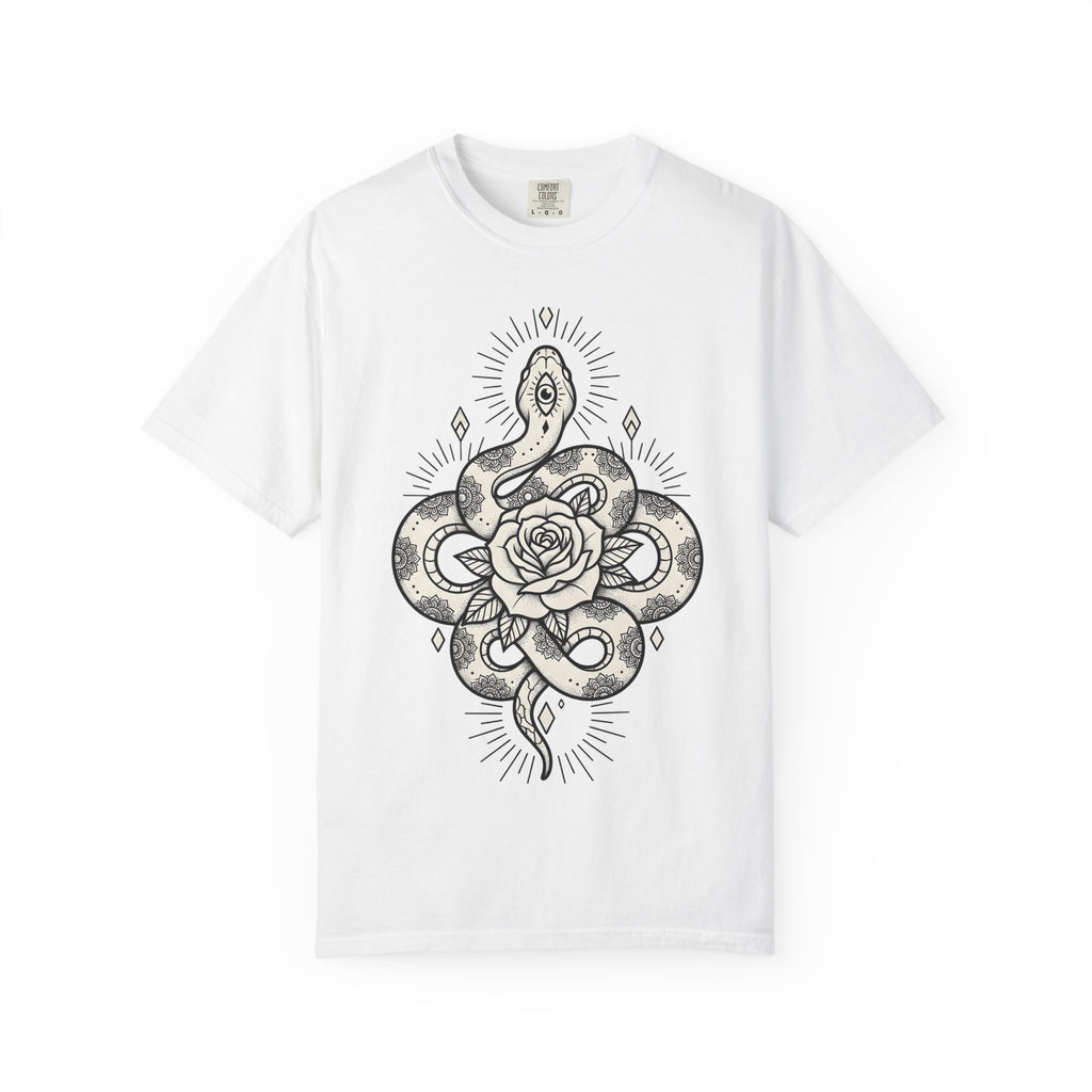 Serpent Flower Shirt Boho Chic Magic Gift Women Ink Tee Snake Flower T-Shirt Bohemian Fan Tattoo Tshirt Mystical Graphic Sketch Pattern