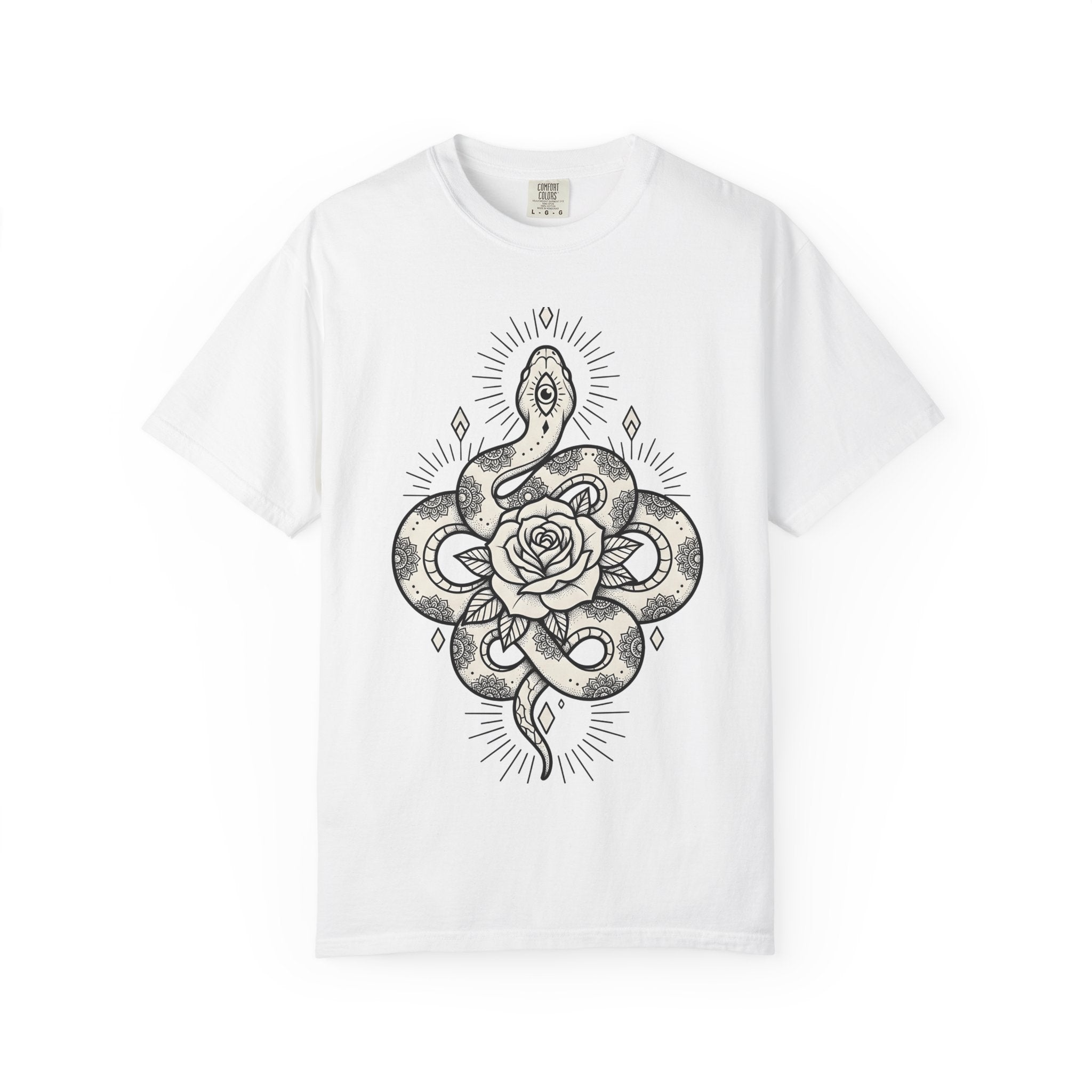 Serpent Flower Shirt Boho Chic Magic Gift Women Ink Tee Snake Flower T-Shirt Bohemian Fan Tattoo Tshirt Mystical Graphic Sketch Pattern