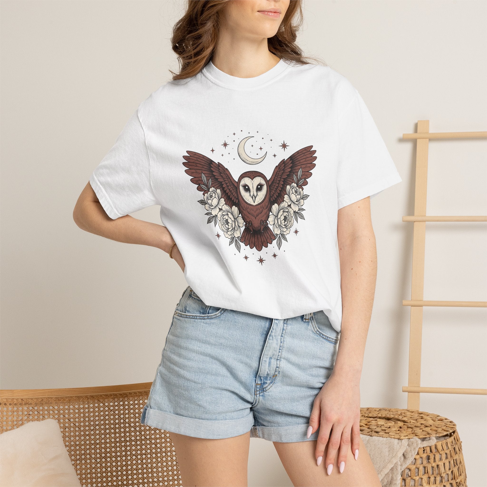 Barn Owl Shirt Cottagecore Flower Gift Women Bohemian Tee Owl T-Shirt Cottage Fan Cottagecore Tshirt Floral Graphic Retro Moon Tshirt