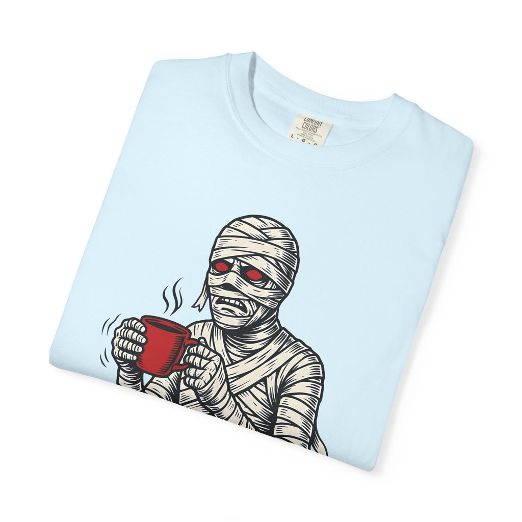 Bandaged Coffee Cup Shirt Halloween Caffeine Gift Women Cartoon Tee Mug T-Shirt Spooky Fan Coffee Cup Tshirt Caffeine Graphic Sketch Crimson
