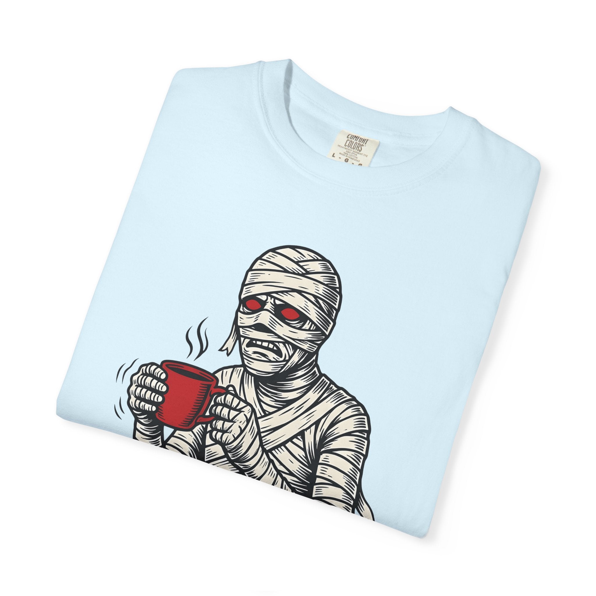 Bandaged Coffee Cup Shirt Halloween Caffeine Gift Women Cartoon Tee Mug T-Shirt Spooky Fan Coffee Cup Tshirt Caffeine Graphic Sketch Crimson