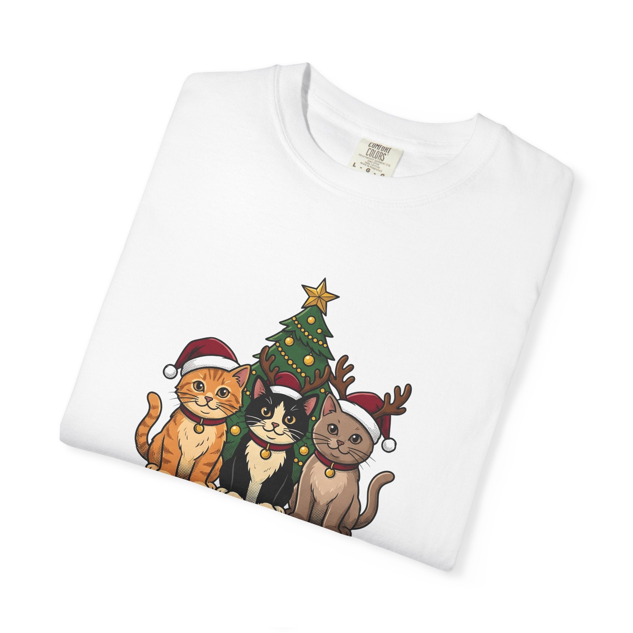 Festive Cats Shirt Christmas Feline Gift Women Illustration Tee Kitty T-Shirt Xmas Fan Cat Graphic Catty Doodle Design Doodle Pine Tree