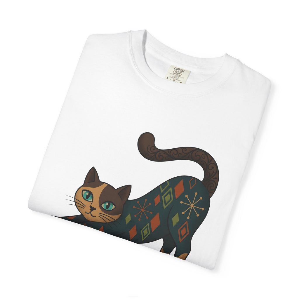 Stretching Cat Shirt Cat Animal Gift Women Mid Century Tee Kitten T-Shirt Cat Fan Fifties Tshirt Wildlife Graphic Retro Geometric Pattern