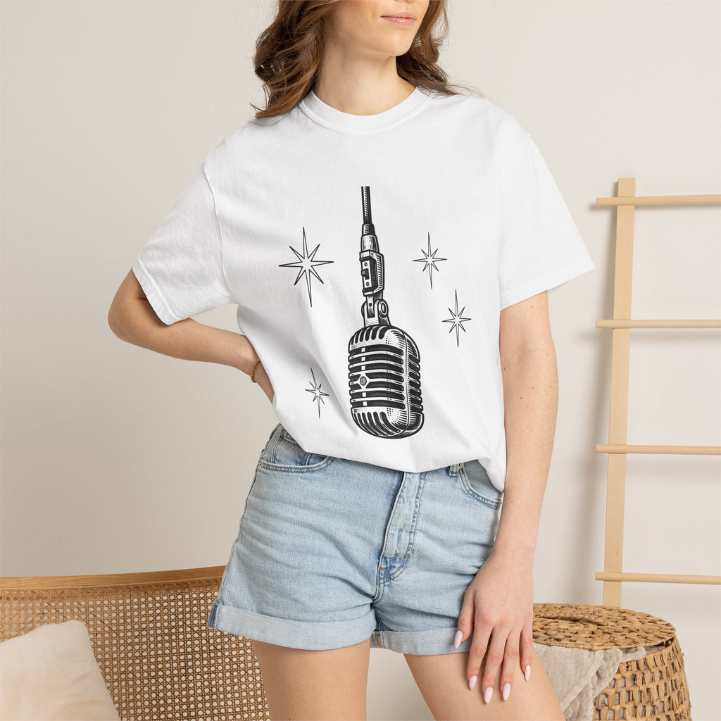 Old Microphone Shirt Music Performer Gift Women Line Art Tee Microphone T-Shirt Musician Fan Vintage Drawing Illustrative Twinkles Tshirt