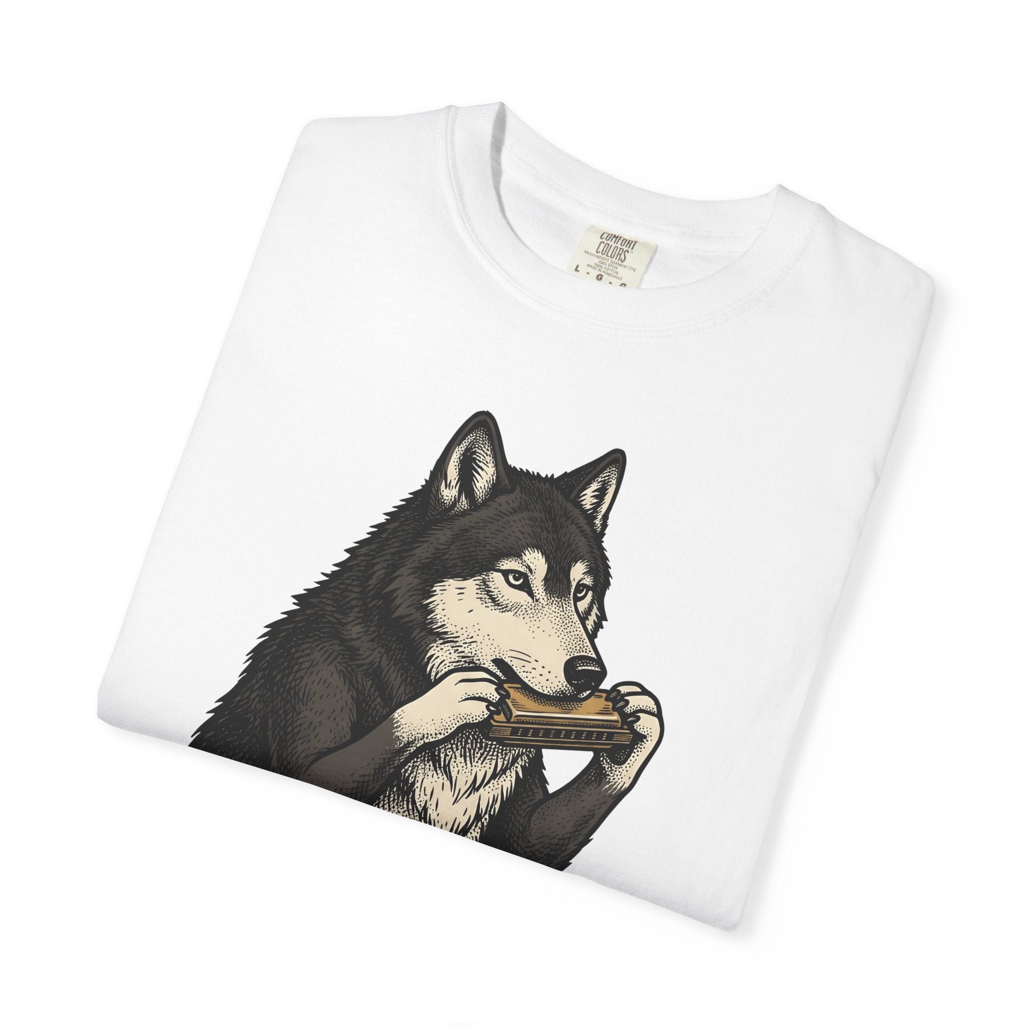 Wolf Harmonica Shirt Animals Instruments Gift Women Sketch Tee Howling T-Shirt Wildlife Fan Drawing Design Retro Harmonica Tshirt