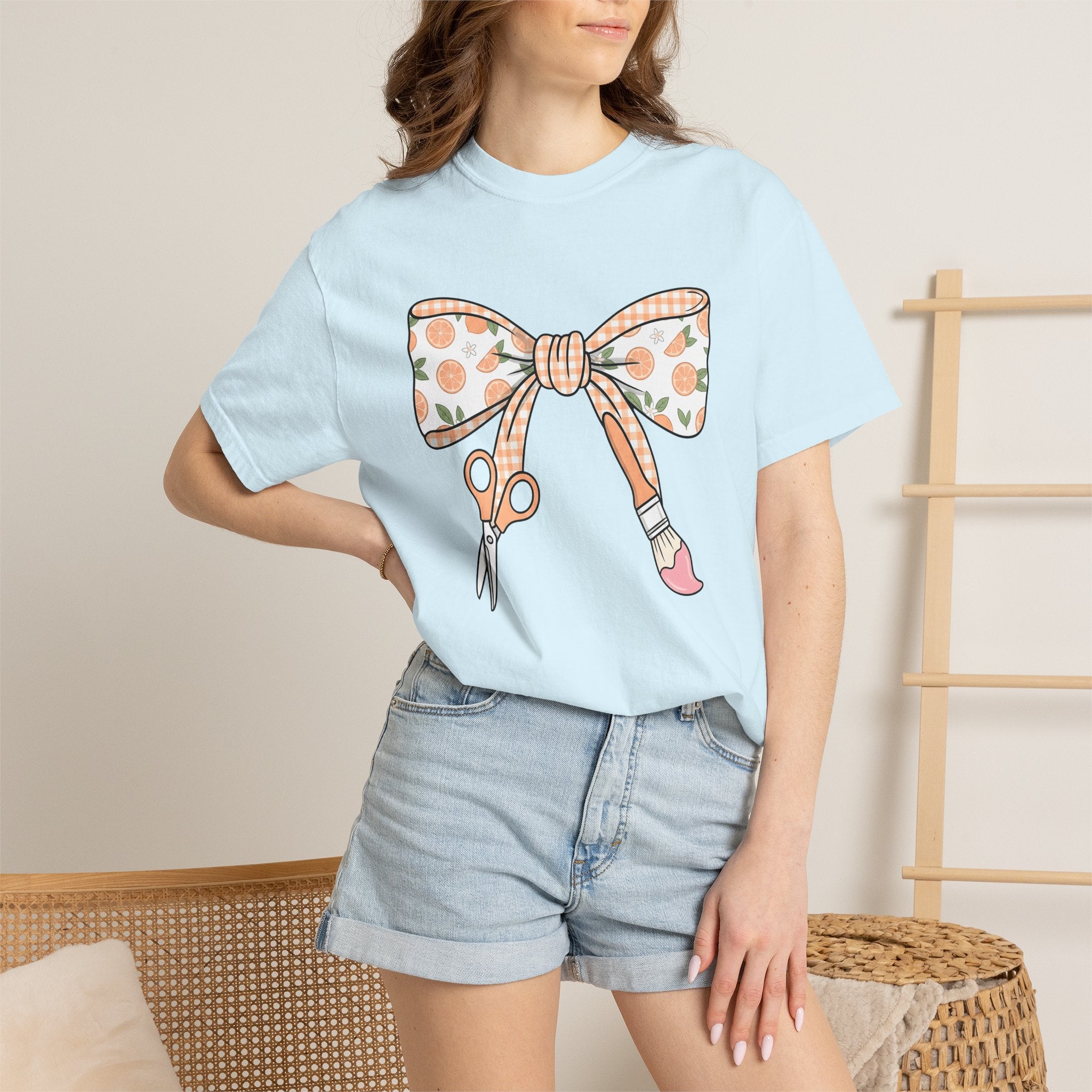 Bow Shears Paint Brush Shirt Teachers Crafting Gift Women Sweet Tee Art Supplies T-Shirt Educator Enthusiast Cute Tshirt Crafting Graphic