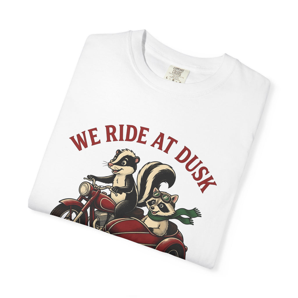 Skunk Raccoon Motorbike Shirt Funny Critter Gift Women Animated Tee Raccoon T-Shirt Humor Fan Cartoon Tshirt Animal Graphic Old School Side