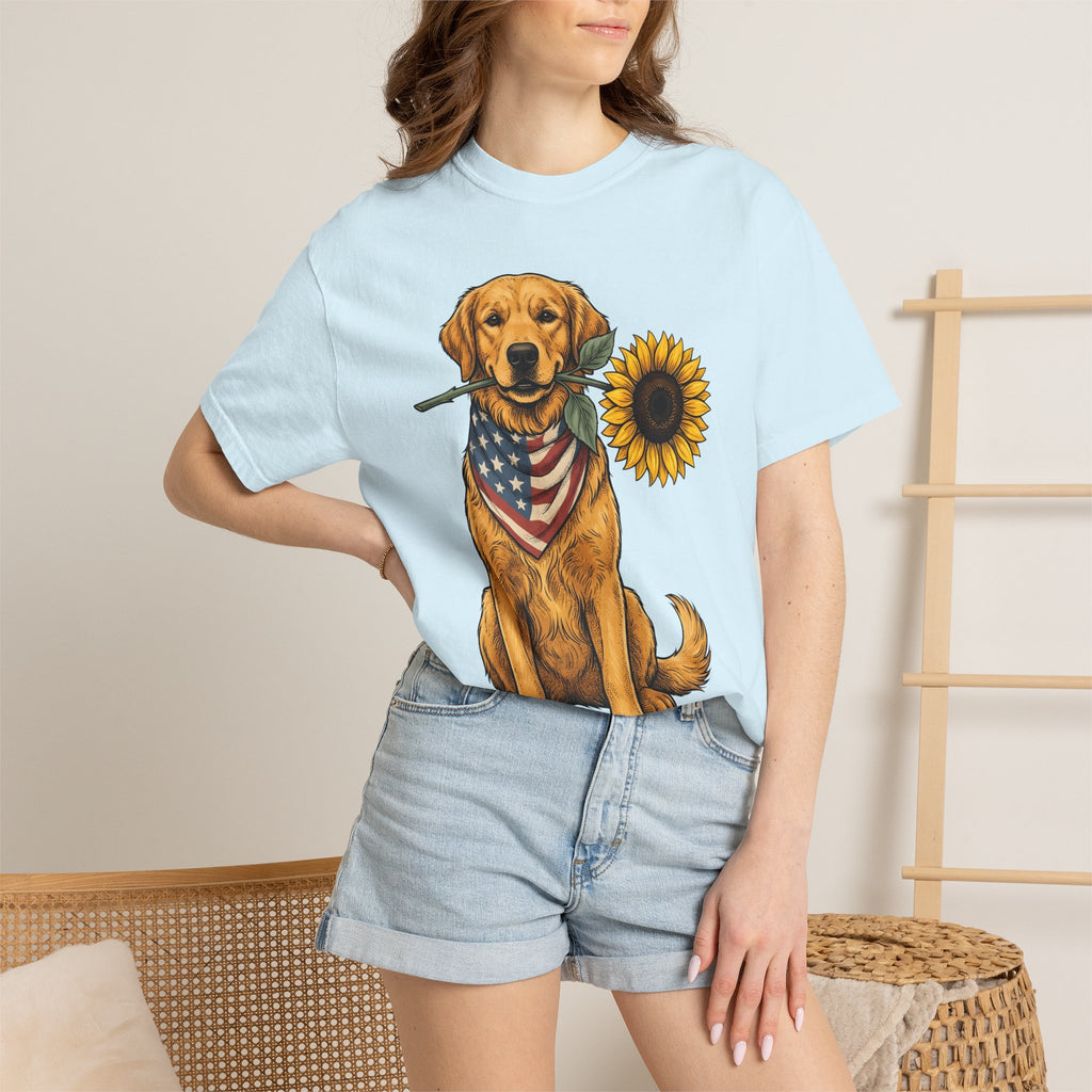 Golden Retriever Shirt Dog Patriotic Gift Women Vintage Tee Retriever T-Shirt Dog Fan Retro Tshirt American Graphic Hand Drawn Sunflower
