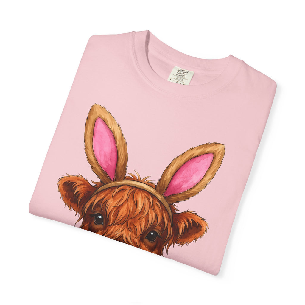 Highland Cow Shirt Easter Animal Gift Women Cute Tee Cow T-Shirt Easter Fan Cowboy Tshirt Creature Graphic Watercolor Bunny Ears Tshirt