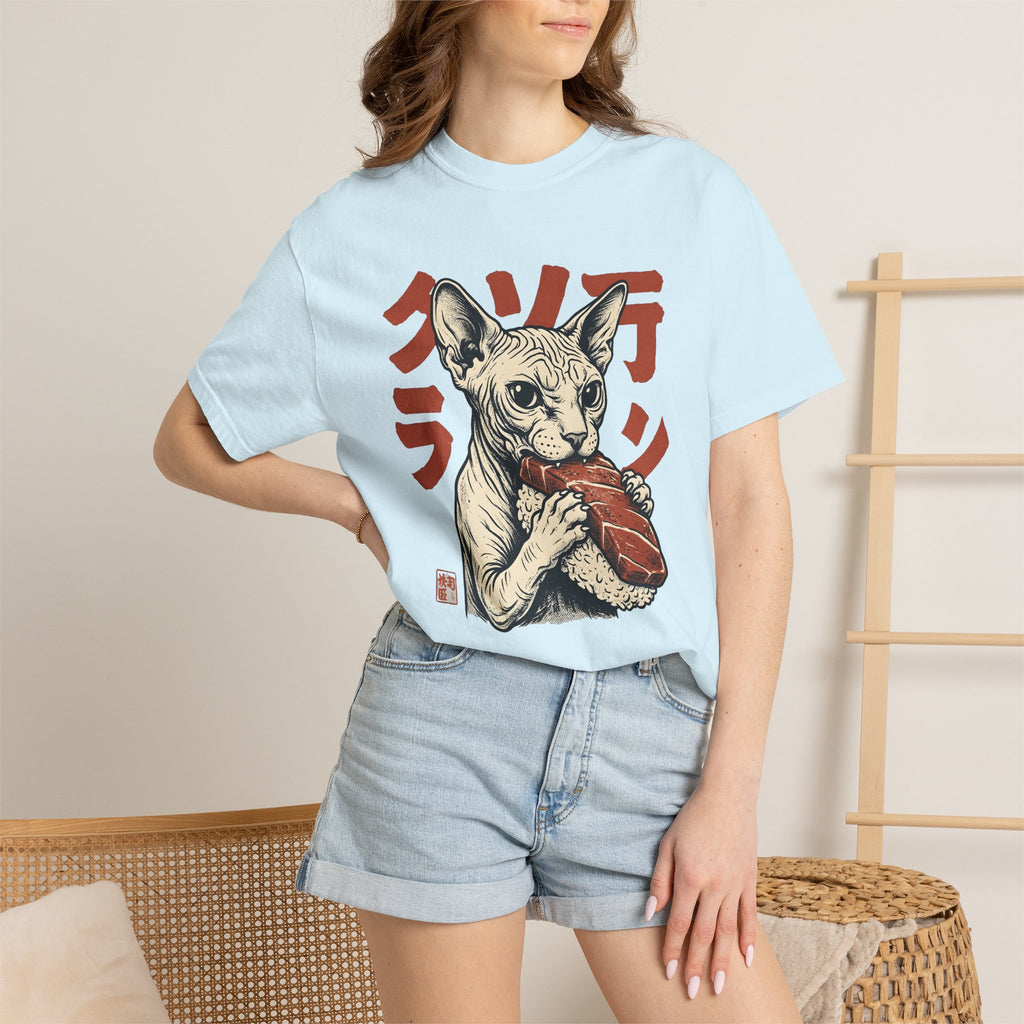 Sphynx Cat Sushi Shirt Cat Food Gift Women Tattoo Art Tee Hairless Cat T-Shirt Cat Fan Tattooed Tshirt Foodie Graphic Vintage Sushi Tshirt