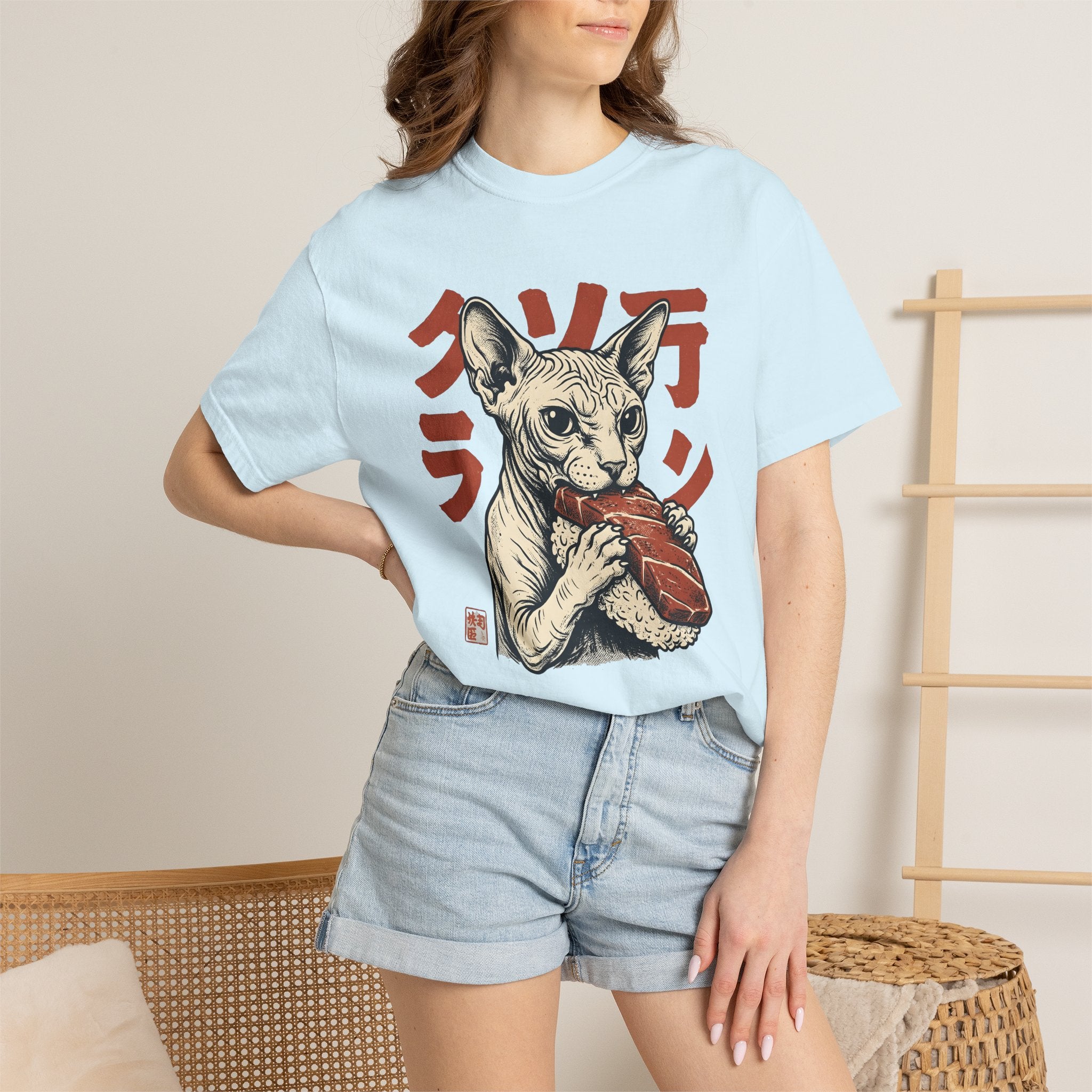 Sphynx Cat Sushi Shirt Cat Food Gift Women Tattoo Art Tee Hairless Cat T-Shirt Cat Fan Tattooed Tshirt Foodie Graphic Vintage Sushi Tshirt
