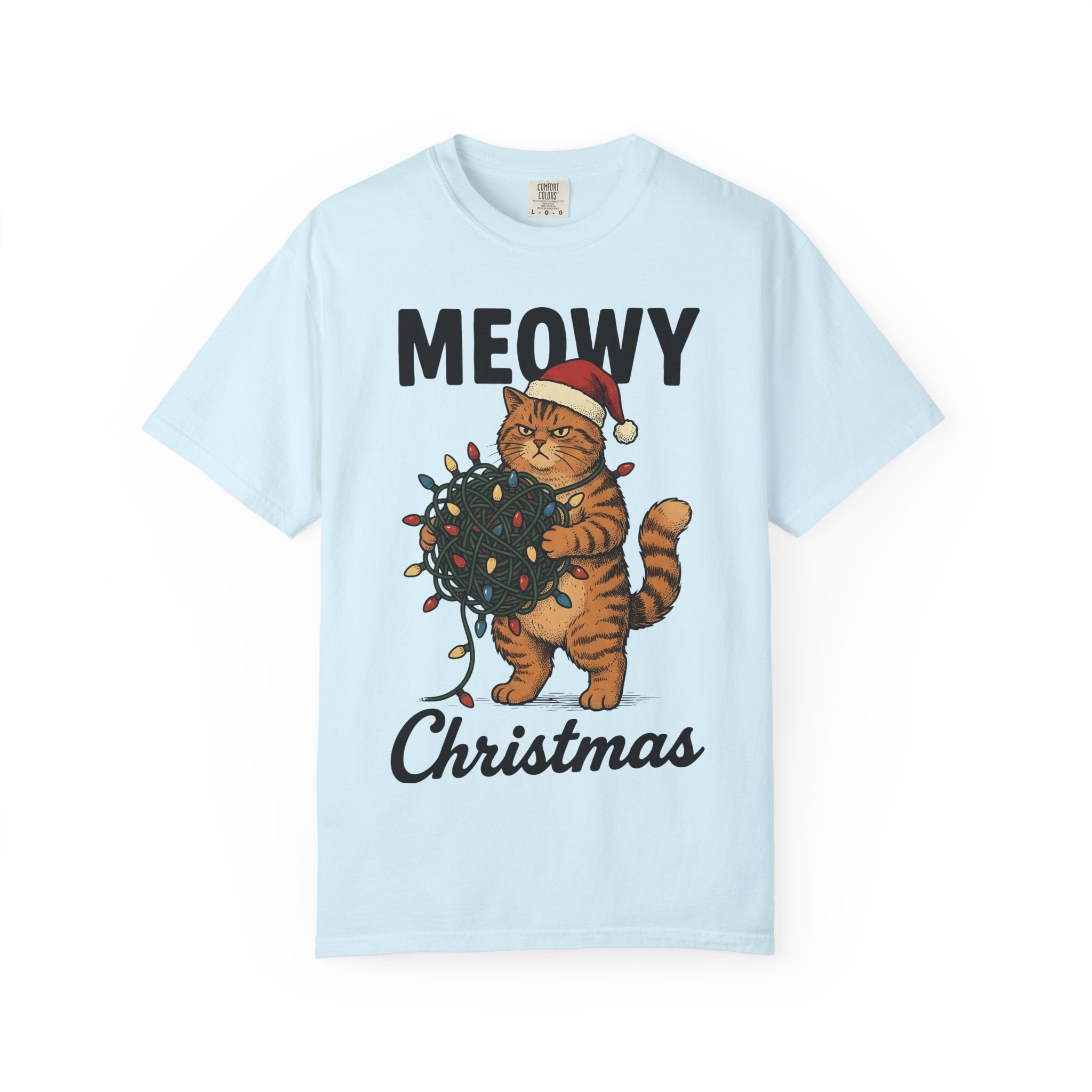 Cat Christmas Hat Shirt Christmas Critters Gift Women Line Art Tee Kitty T-Shirt Christmas Fan Feline Tshirt Animal Graphic Illustration