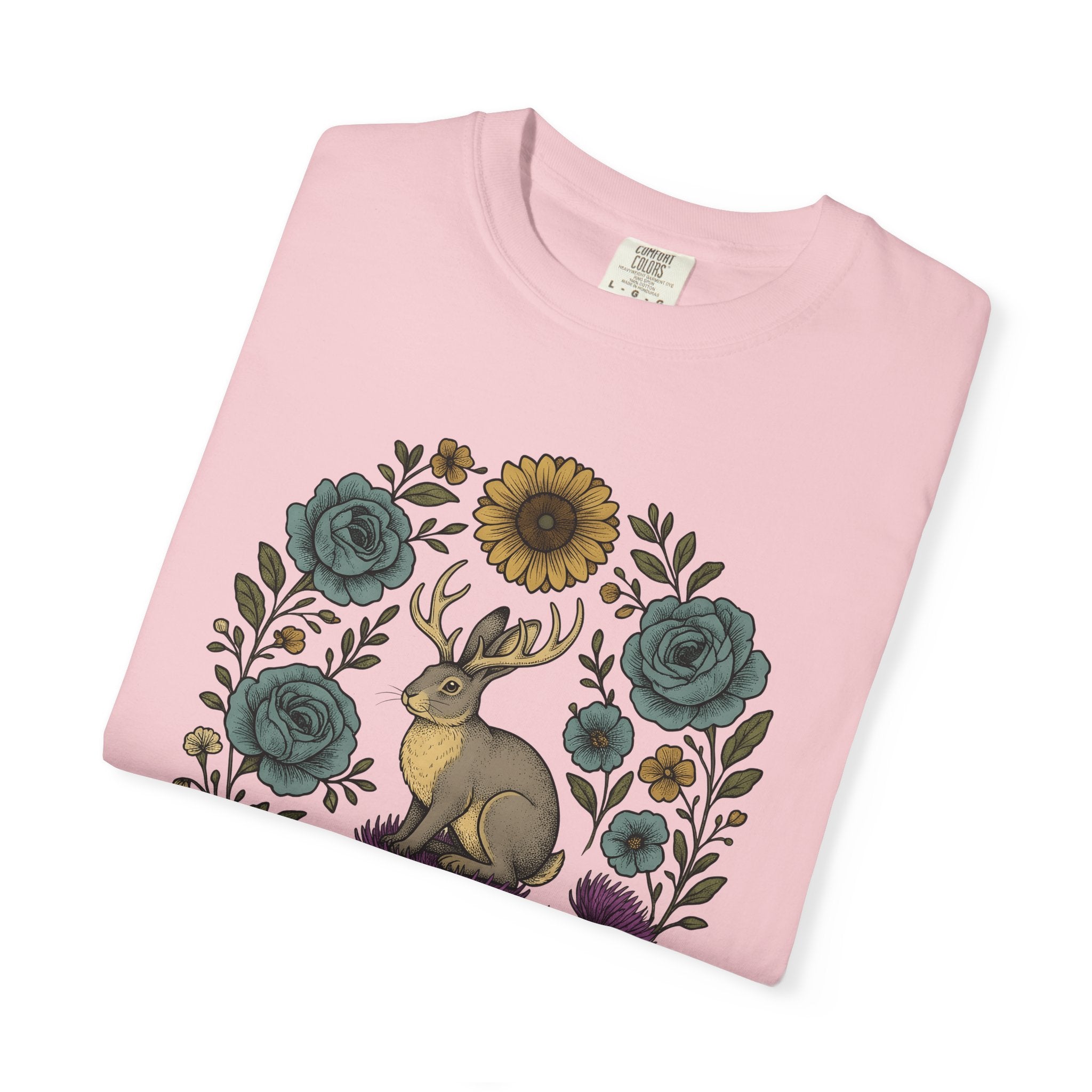 Jackalope Shirt Boho Chic Animal Gift Women Folk Art Tee Antelope T-Shirt Hippie Fan Primitive Tshirt Wildlife Graphic Vintage Floral Frame