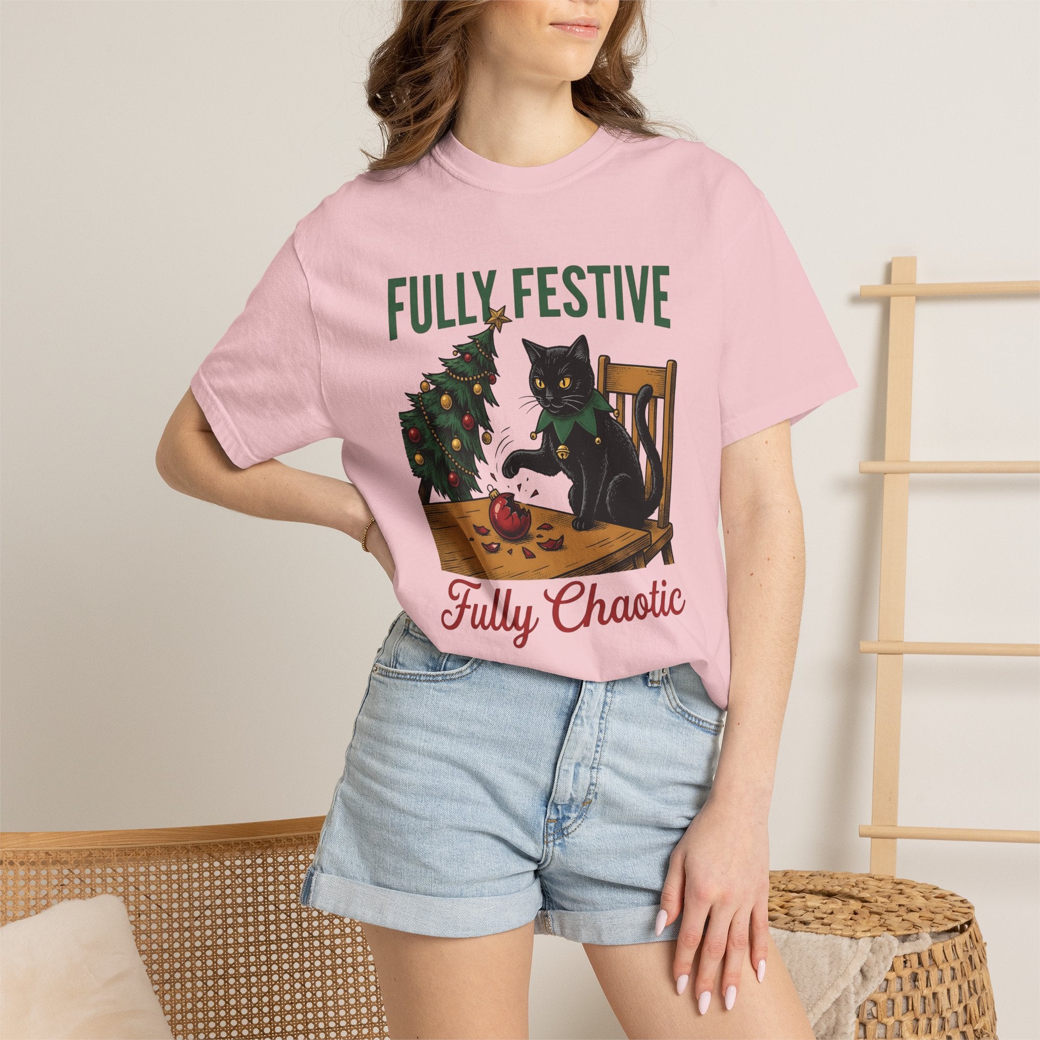 Black Cat Shirt Christmas Animal Gift Women Hand Drawn Tee Kitty T-Shirt Xmas Fan Feline Graphic Illustration Tshirt Line Art Christmas Tree