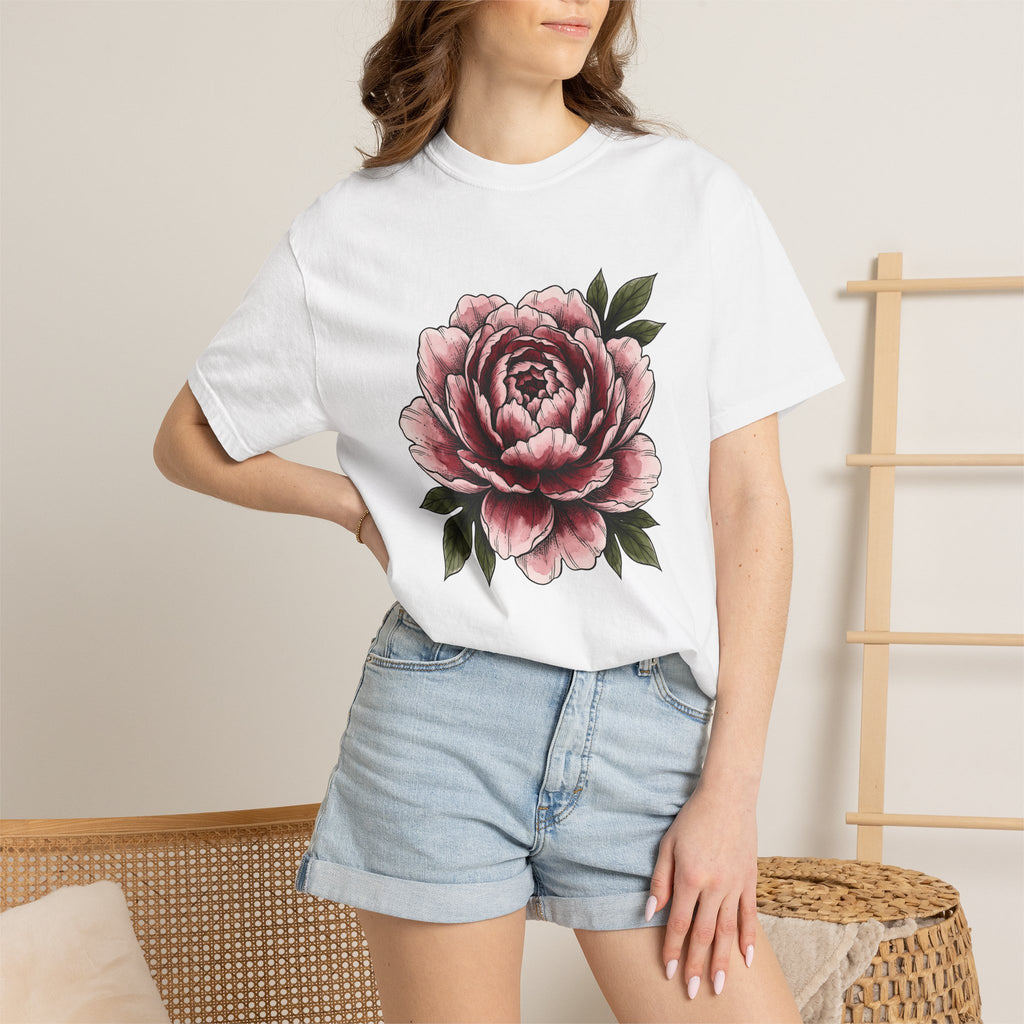 Peony Flower Shirt Boho Chic Floral Gift Women Botanical Tee Paeonia T-Shirt Hippie Fan Botanical Tshirt Flower Graphic Vintage Green Leaves