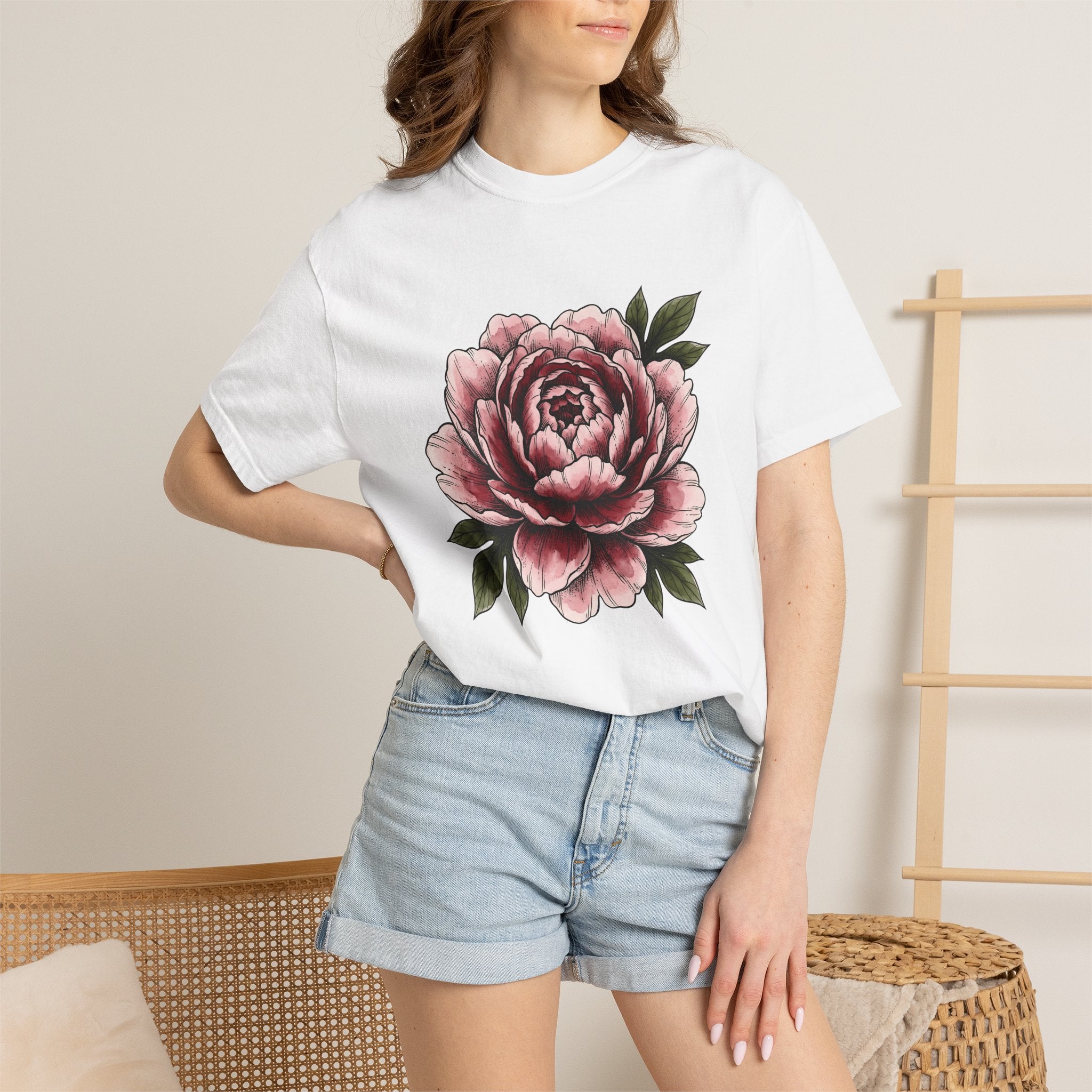 Peony Flower Shirt Boho Chic Floral Gift Women Botanical Tee Paeonia T-Shirt Hippie Fan Botanical Tshirt Flower Graphic Vintage Green Leaves