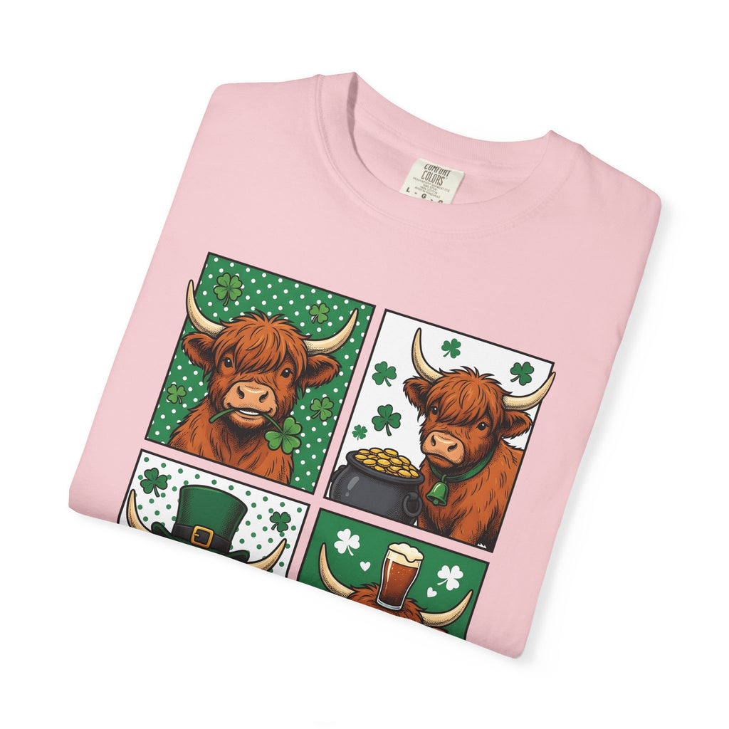 Highland Cow Shirt St Patrick's Day Animal Gift Women Cartoon Tee Cow T-Shirt St Patricks Fan Toon Tshirt Creature Graphic Vintage Shamrock