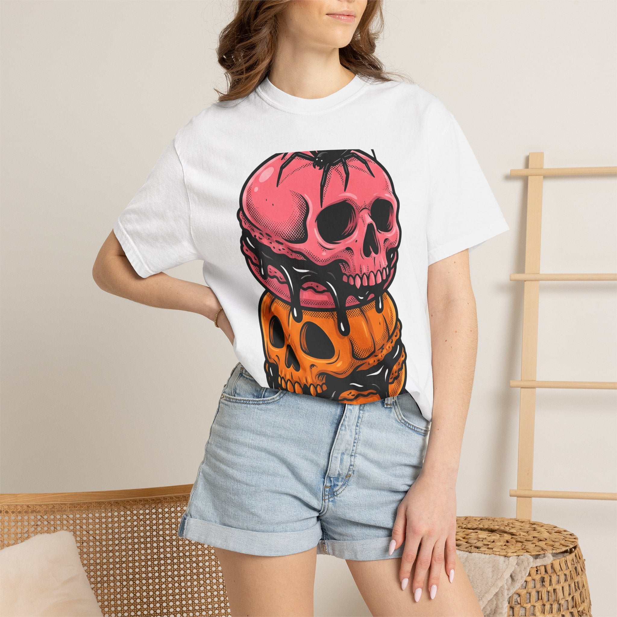 Skull Macarons Shirt Desserts Halloween Gift Women Bold Graphic Tee Macaron T-Shirt Pastry Fan Graphic Tshirt Spooky Graphic Retro Spider