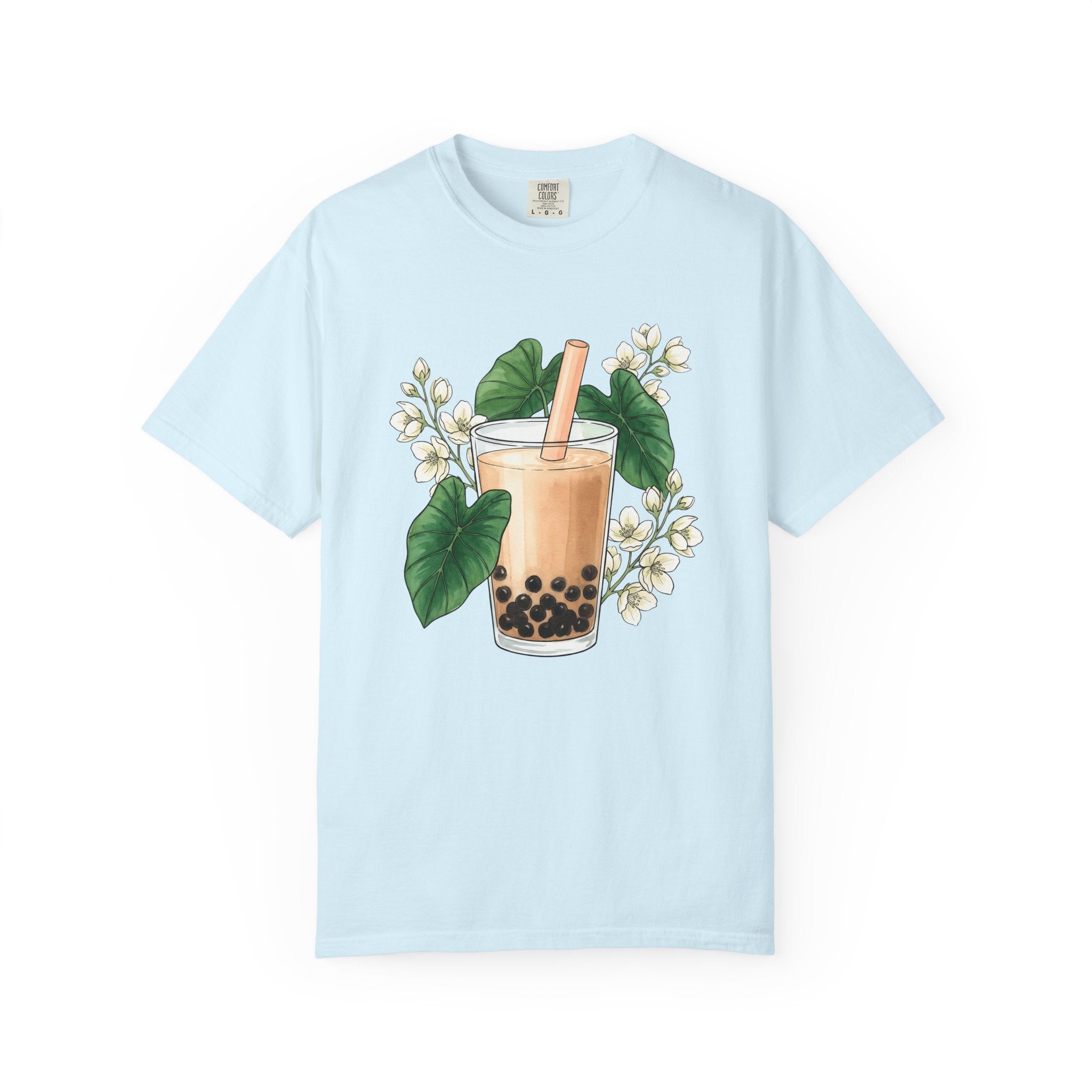 Bubble Tea Shirt Drinks Plants Gift Women Ink Tee Boba T-Shirt Beverage Fan Boba Graphic Doodle Floral Tshirt