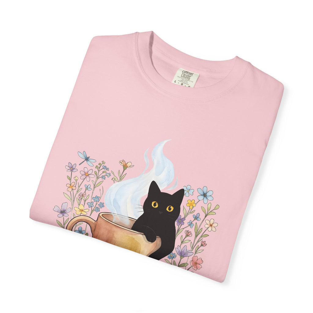 Black Cat Cup Shirt Cat Espresso Gift Women Hand Painted Tee Cat Mug T-Shirt Cat Fan Feline Tshirt Coffee Graphic Playful Garden Flowers