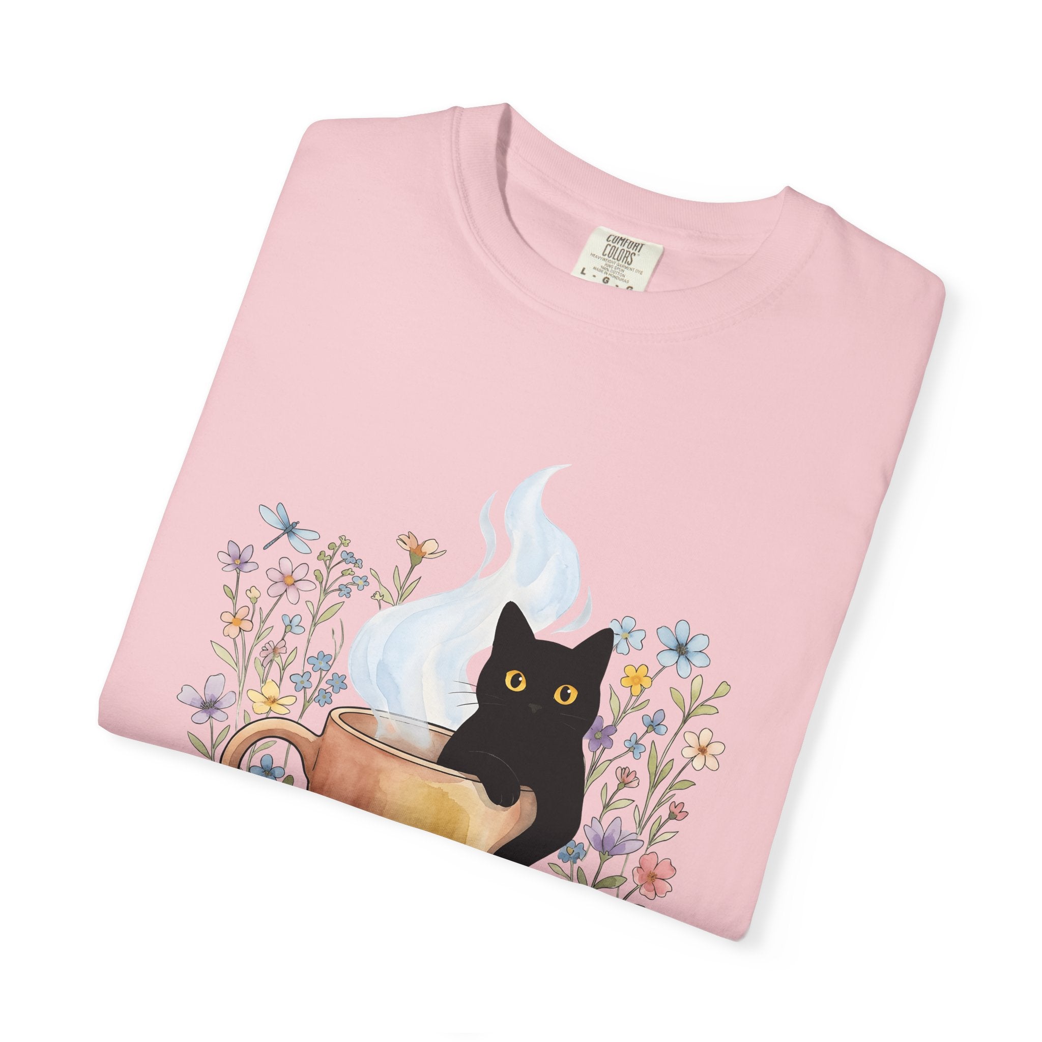 Black Cat Cup Shirt Cat Espresso Gift Women Hand Painted Tee Cat Mug T-Shirt Cat Fan Feline Tshirt Coffee Graphic Playful Garden Flowers