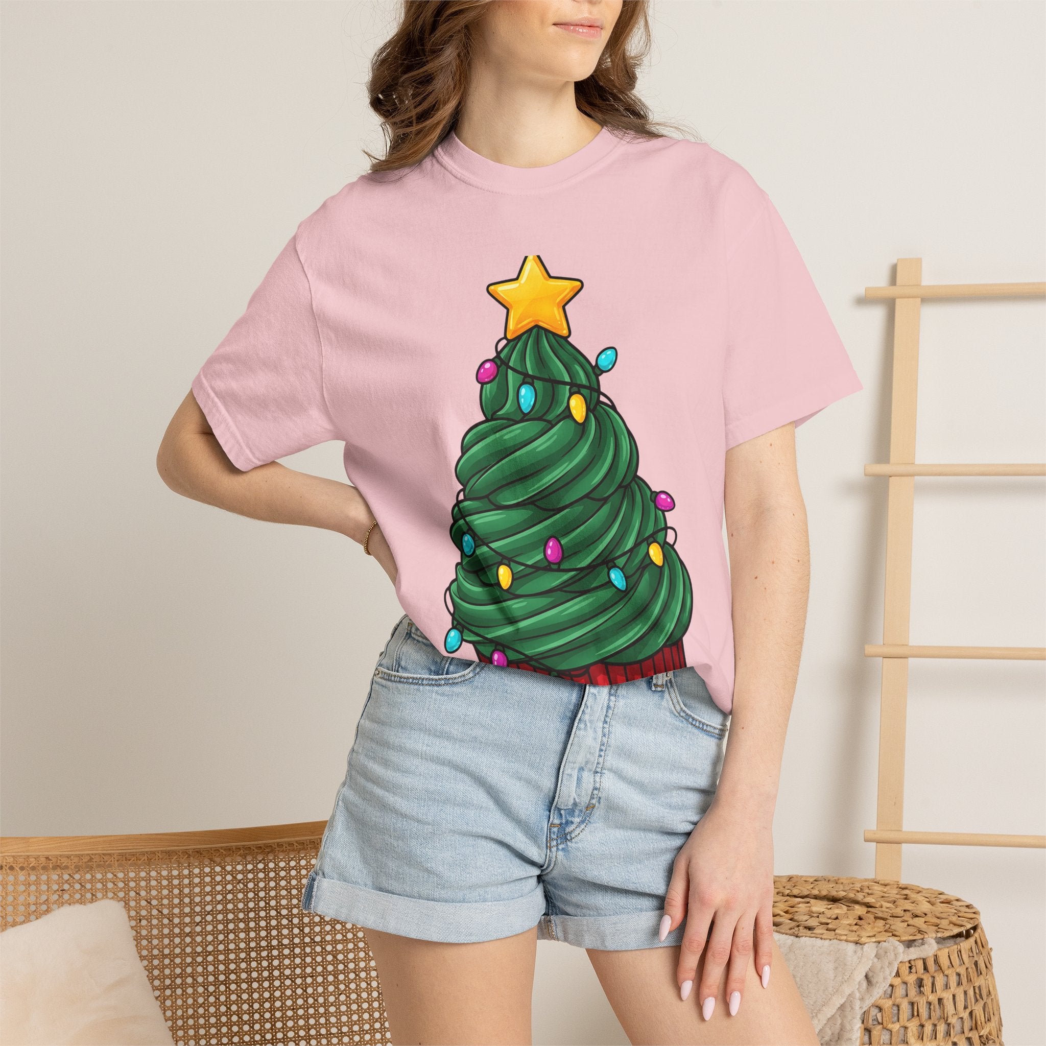 Holiday Cupcake Shirt Desserts Celebration Gift Women Comic Tee Cupcake T-Shirt Pastry Fan Cartoon Tshirt Party Graphic Playful Fairy Lights