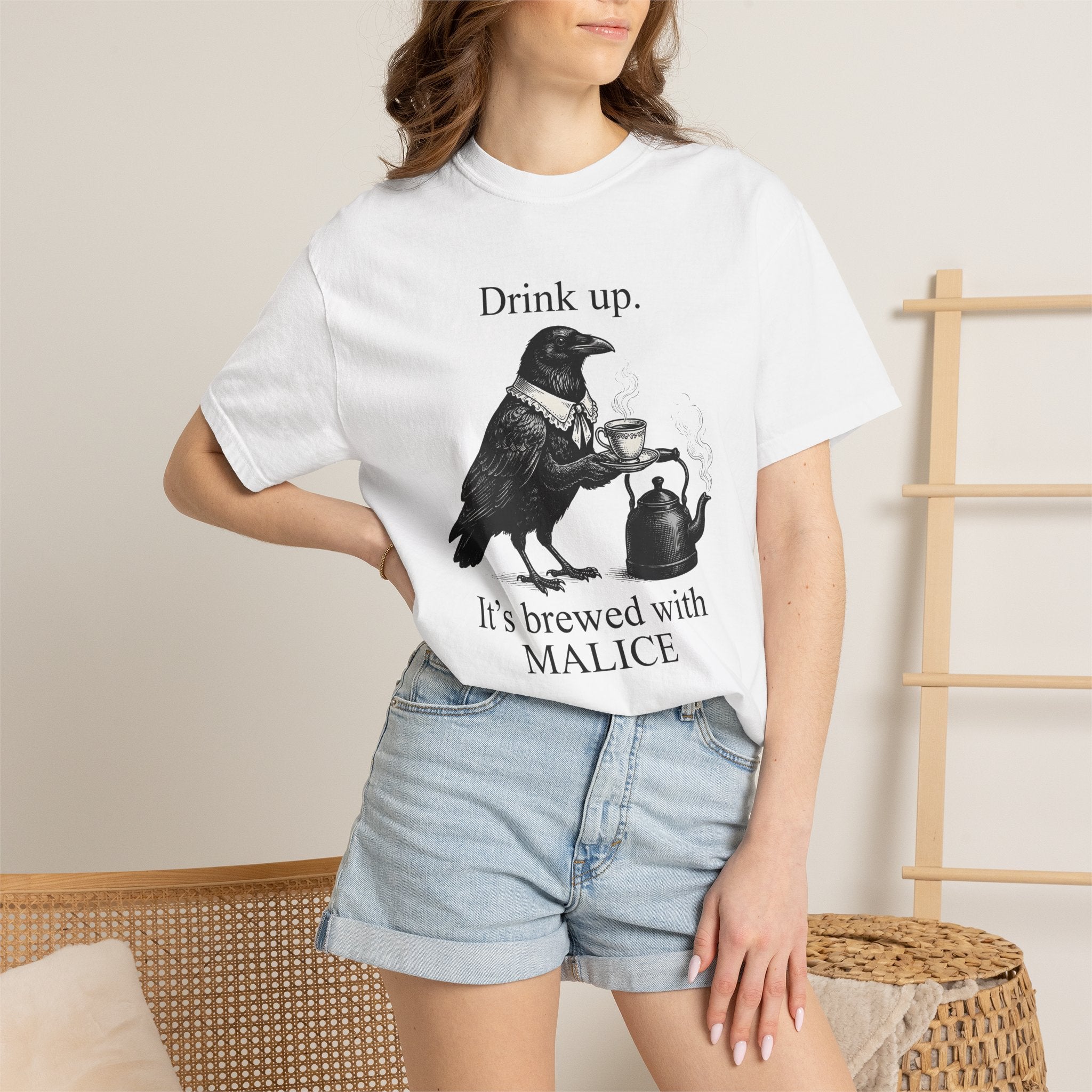 Crow Tea Shirt Funny Dark Gift Women Retro Tee Tea T-Shirt Humor Fan Vintage Tshirt Gothic Graphic Sketch Kettle Tshirt