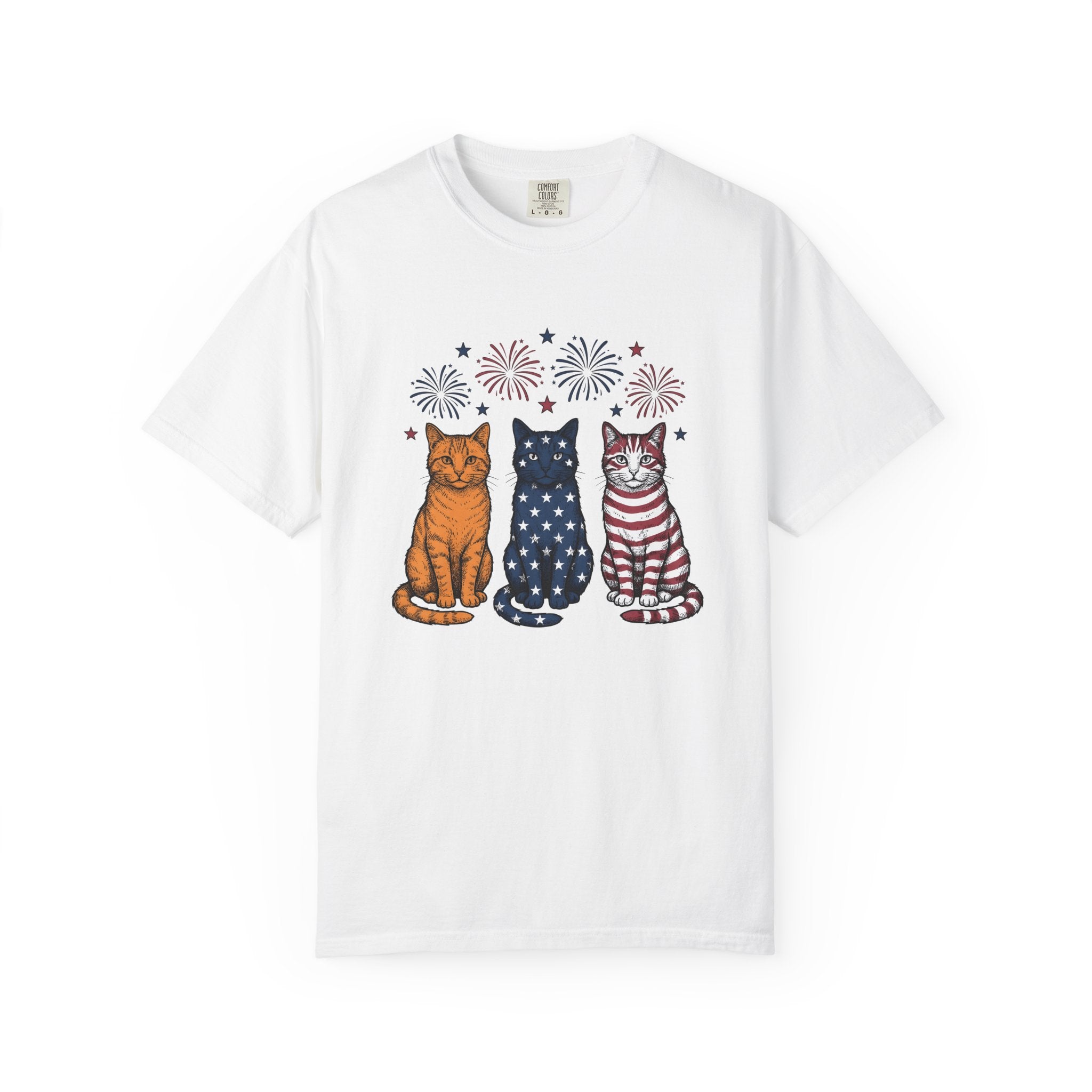 American Cats Shirt 4th Of July Kitten Gift Women Sketch Tee Felines T-Shirt Independence Day Fan Cat Illustration Retro Sparklers Tshirt
