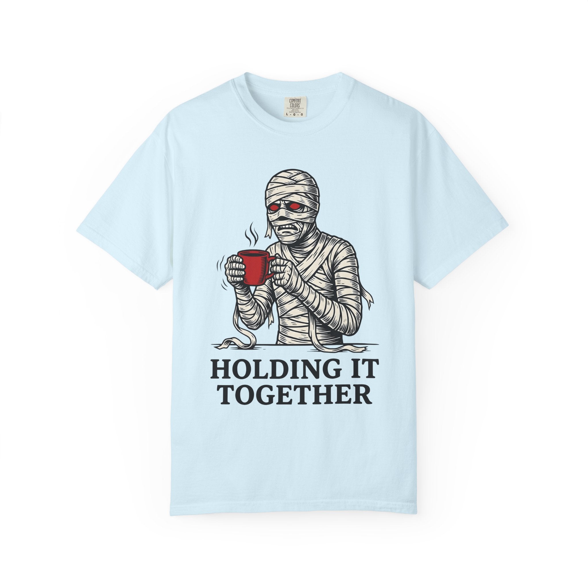 Bandaged Coffee Cup Shirt Halloween Caffeine Gift Women Cartoon Tee Mug T-Shirt Spooky Fan Coffee Cup Tshirt Caffeine Graphic Sketch Crimson