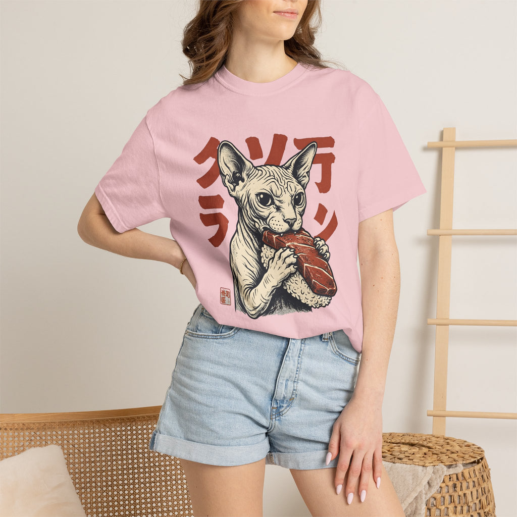 Sphynx Cat Sushi Shirt Cat Food Gift Women Tattoo Art Tee Hairless Cat T-Shirt Cat Fan Tattooed Tshirt Foodie Graphic Vintage Sushi Tshirt