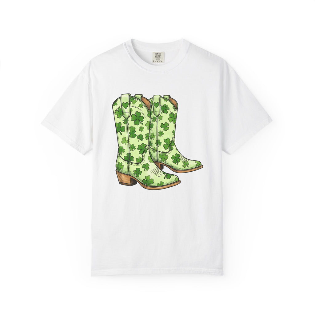 Leather Boots Shirt St Patrick's Day Rodeo Gift Women Cartoon Tee Boot T-Shirt Shamrock Fan Comic Tshirt Cowboy Graphic Hand Drawn Lucky