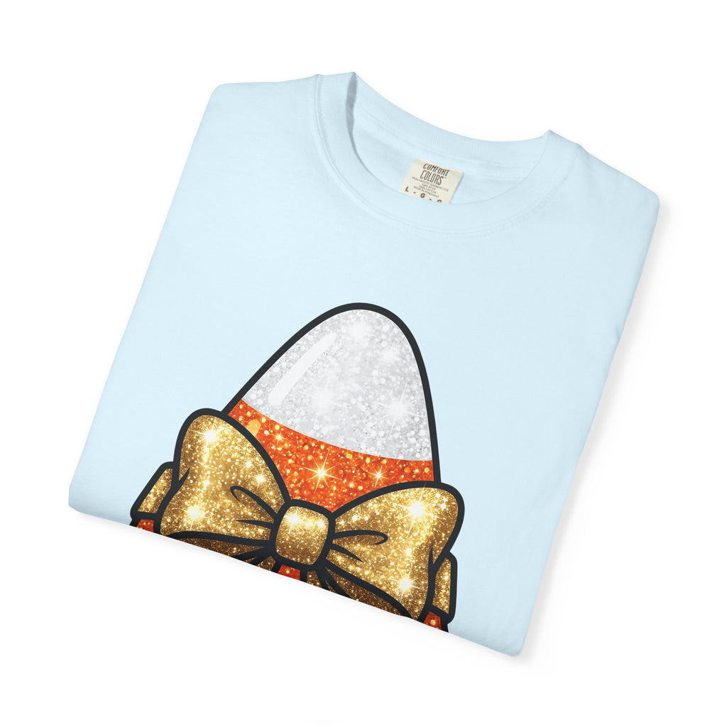 Candy Corn Shirt Halloween Treats Gift Women Shimmer Tee Triangular Candy T-Shirt Spooky Fan Glittery Tshirt Dessert Graphic Adorable Knot