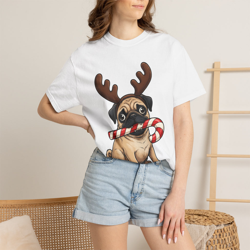 Pug Shirt Christmas Puppy Gift Women Caricature Tee Pug T-Shirt Xmas Fan Cartoon Tshirt Puppy Graphic Doodle Striped Candy Tshirt